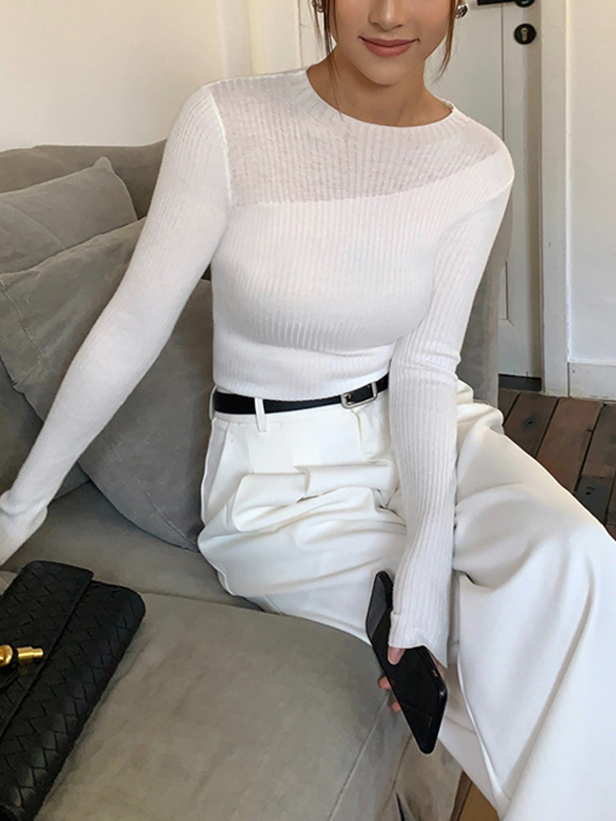 Knit Ribbed Crew Neck Asymmetric Top-Massicos