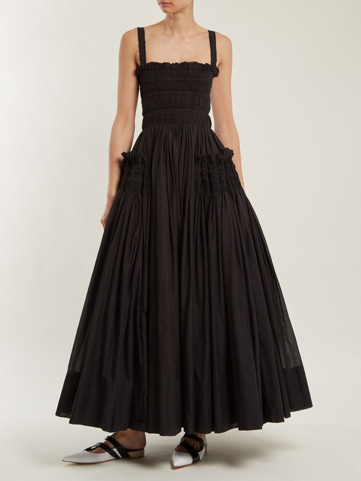 Shirred Pleated Cami Long Dress-Massicos