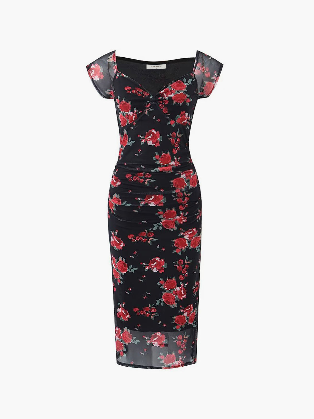 Semi-Sheer Floral Print Ruched Side Midi Dress-Mesadic