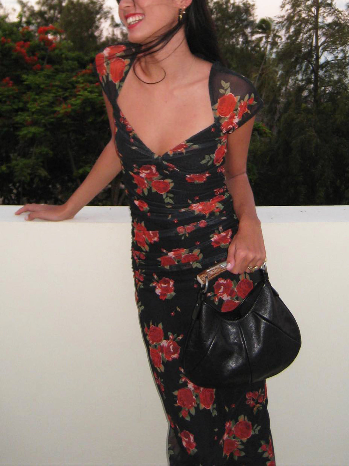 Semi-Sheer Floral Print Ruched Side Midi Dress-Mesadic