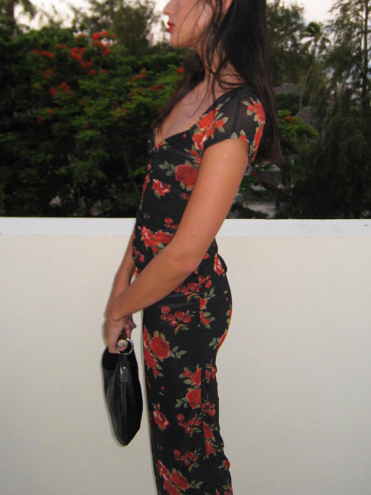 Semi-Sheer Floral Print Ruched Side Midi Dress-Mesadic