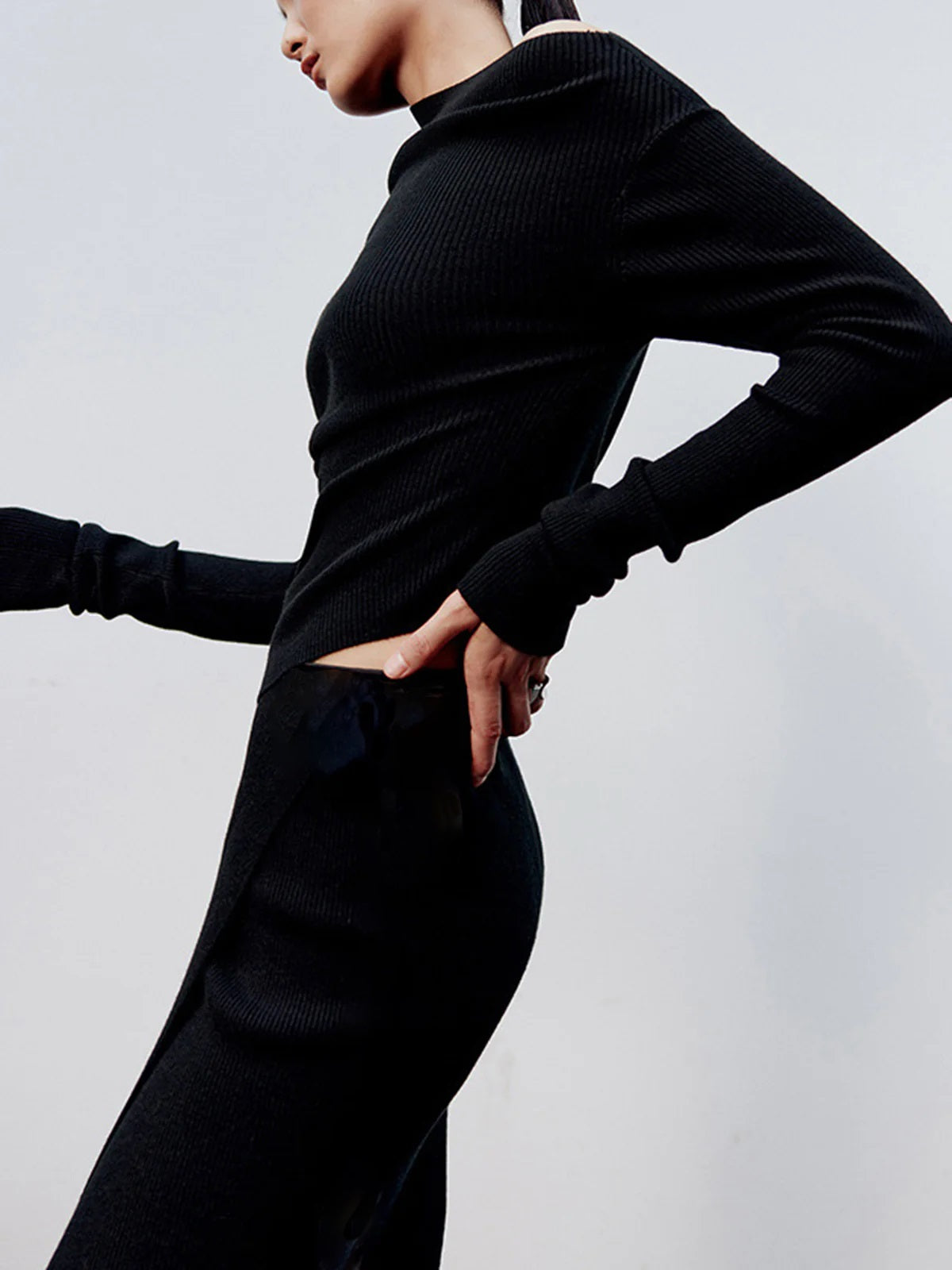 Caramel Asymmetric Neckline Long Sleeve Knit Top-Massicos
