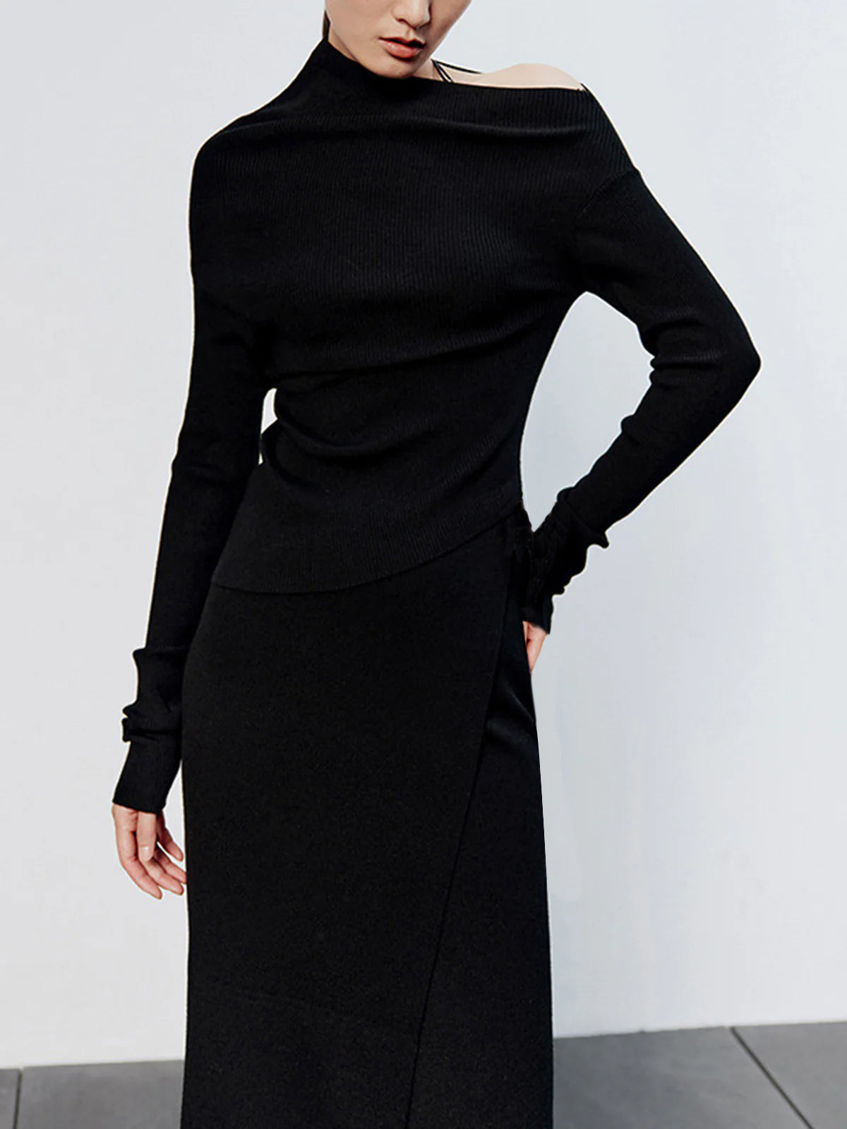 Caramel Asymmetric Neckline Long Sleeve Knit Top-Massicos