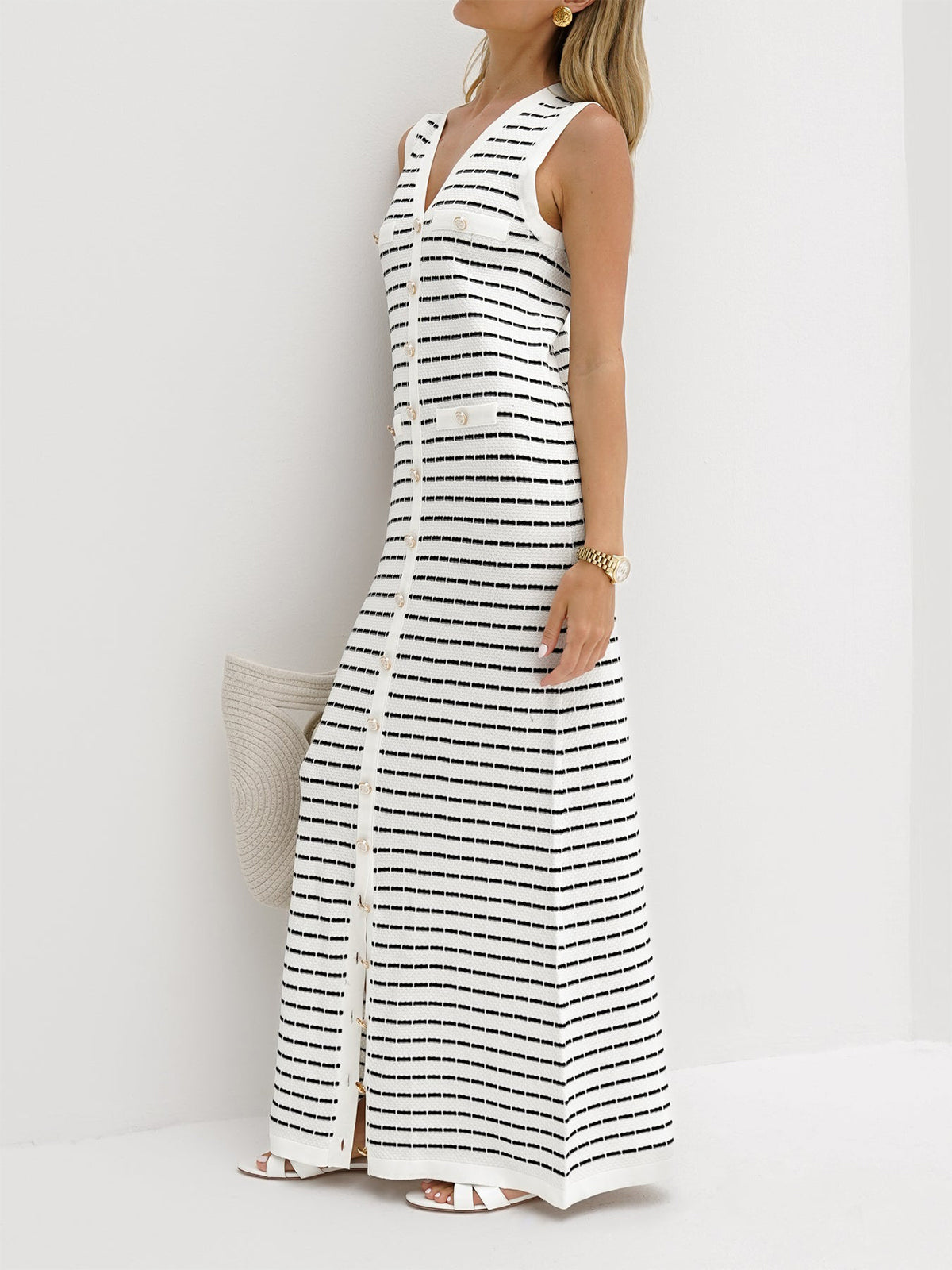 Striped Metal Button Long Sweater Dress-Mesadic