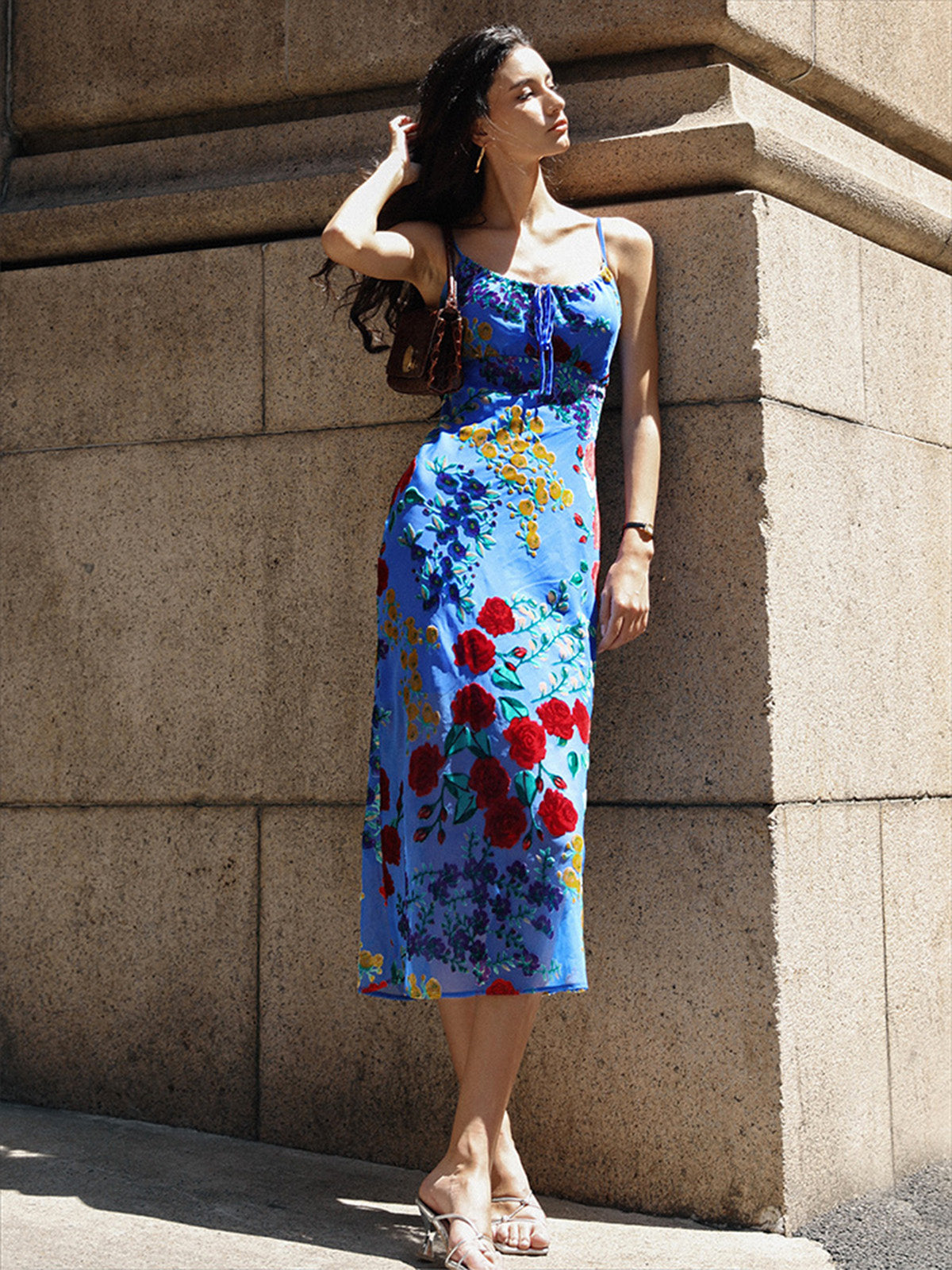 Velvet Floral Appliqué Cami Dress-Mesadic