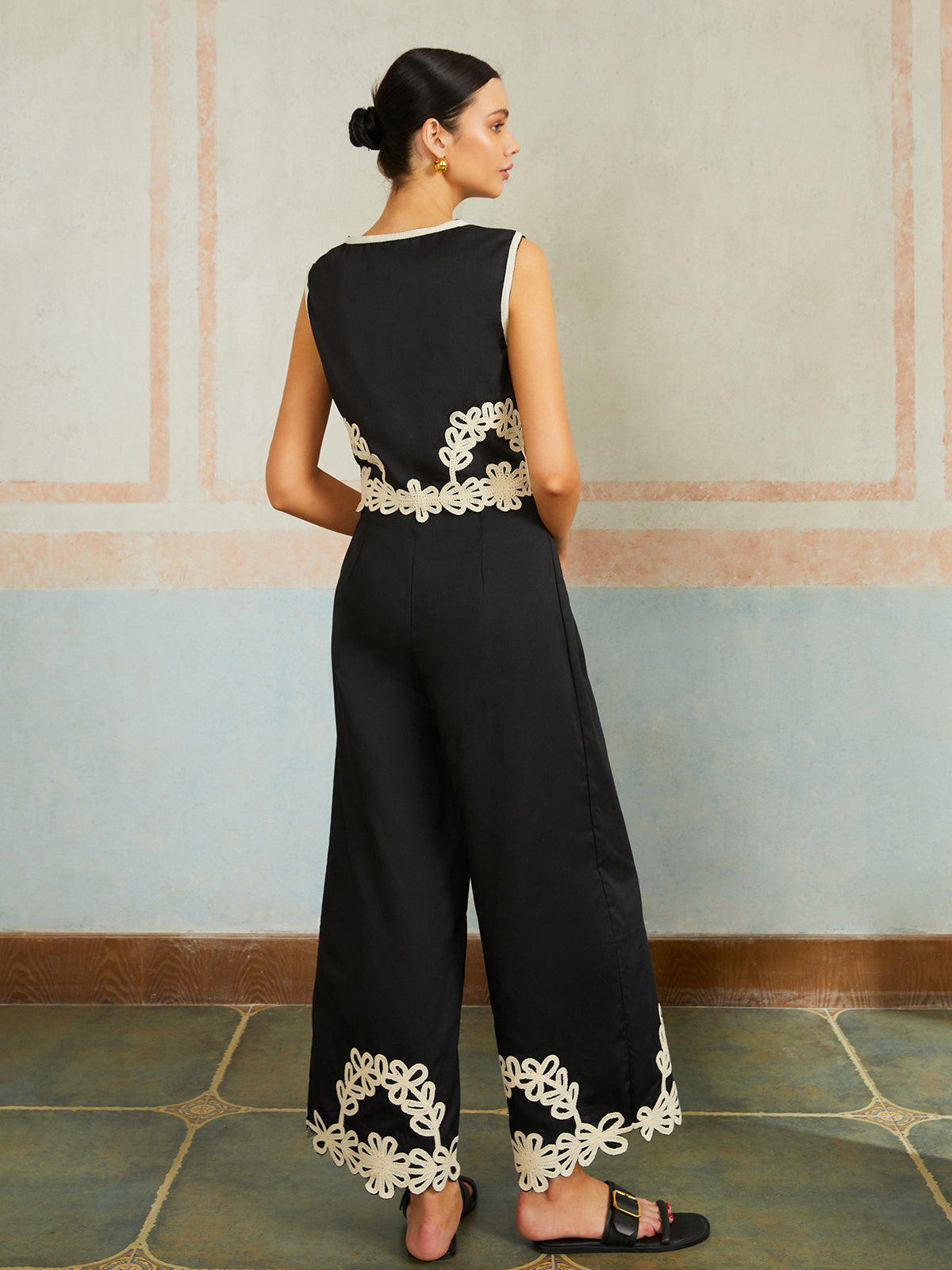 Casual Embroidery Sleeveless Zipper Pants Set-Massicos