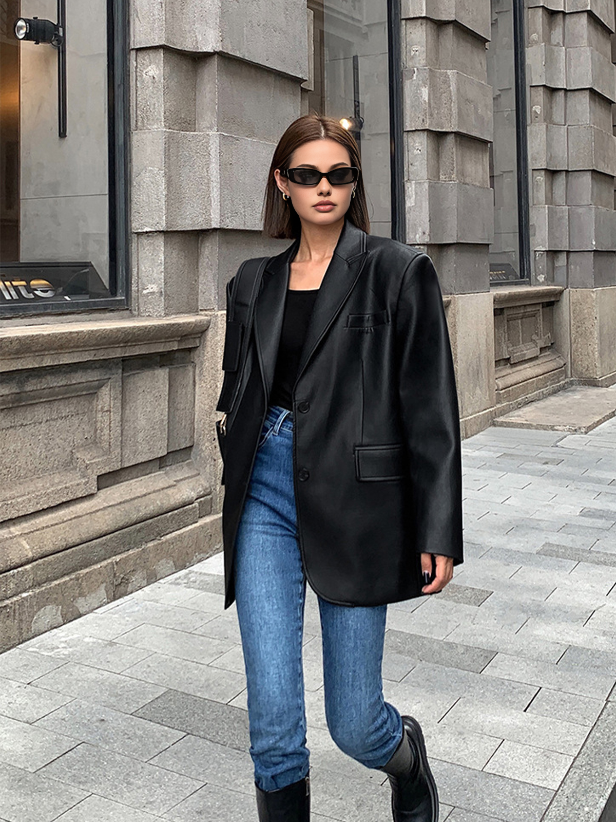 Lapel Pockets Leather Blazer-Massicos