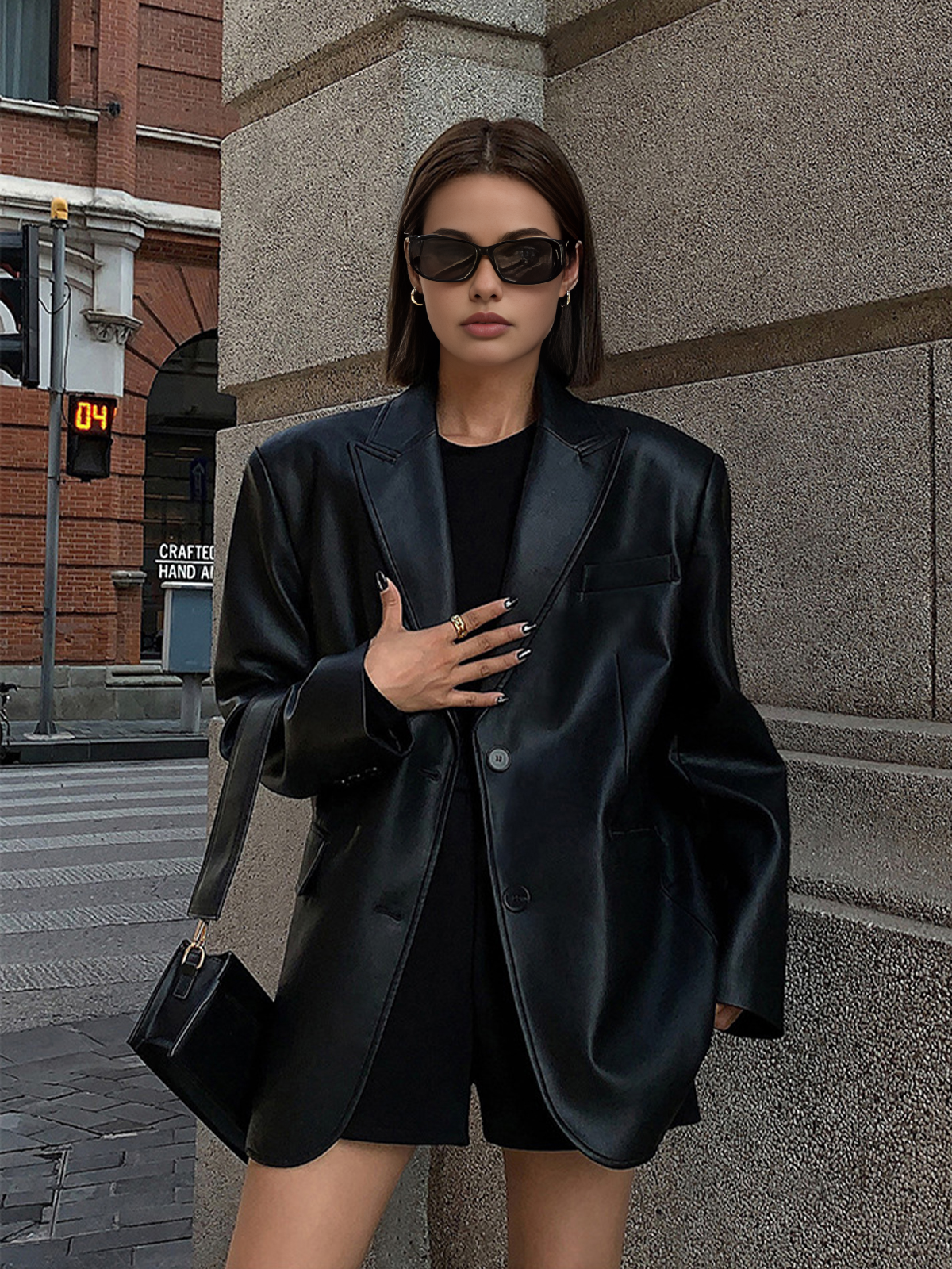 Lapel Pockets Leather Blazer-Massicos
