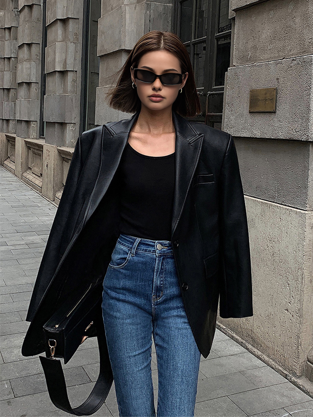 Lapel Pockets Leather Blazer-Massicos