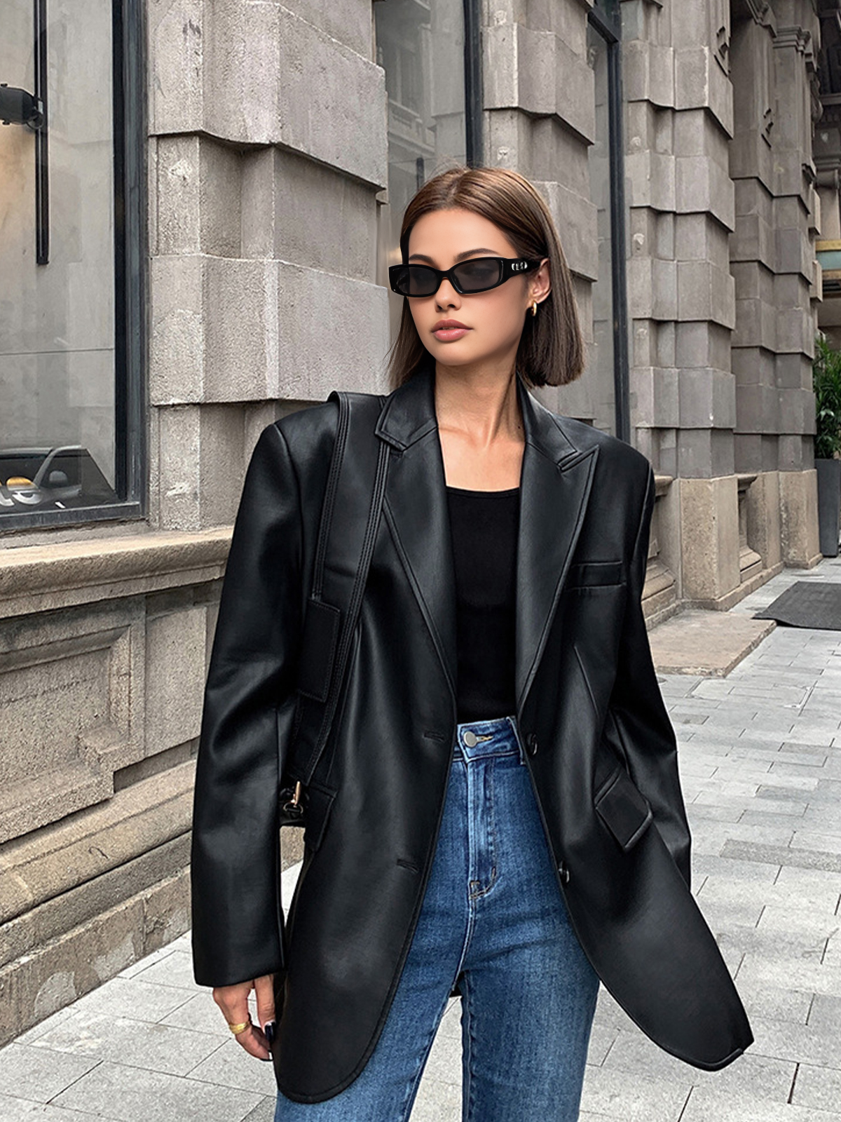 Lapel Pockets Leather Blazer-Massicos