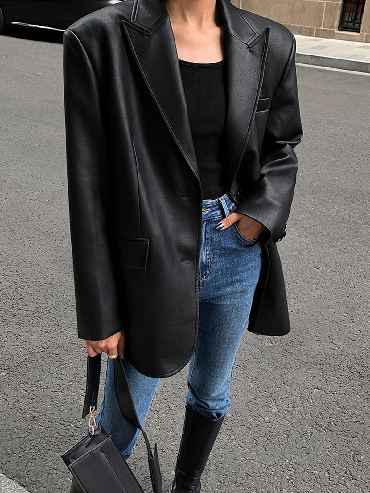 Lapel Pockets Leather Blazer-Massicos