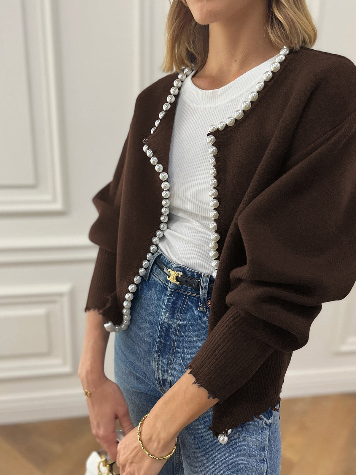 Pearl Trim Ripped Hem Cardigan-Massicos