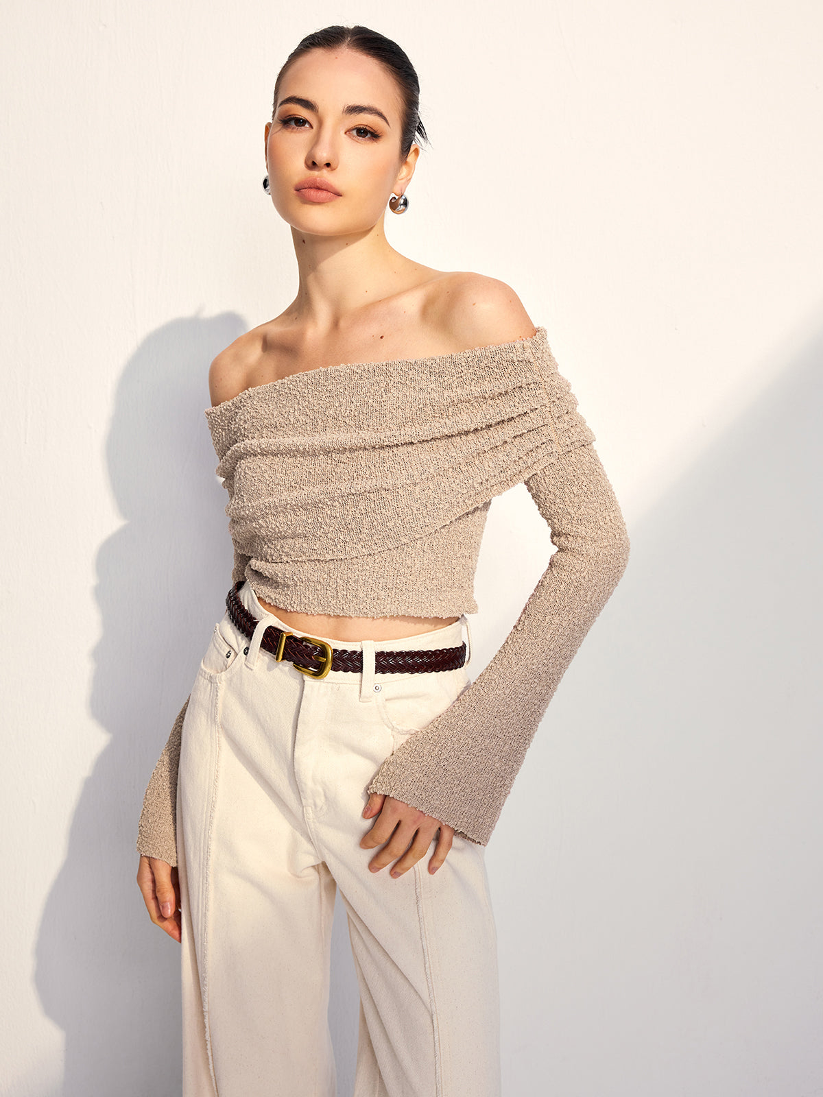 Off Shoulder Plain Knit Top-Massicos
