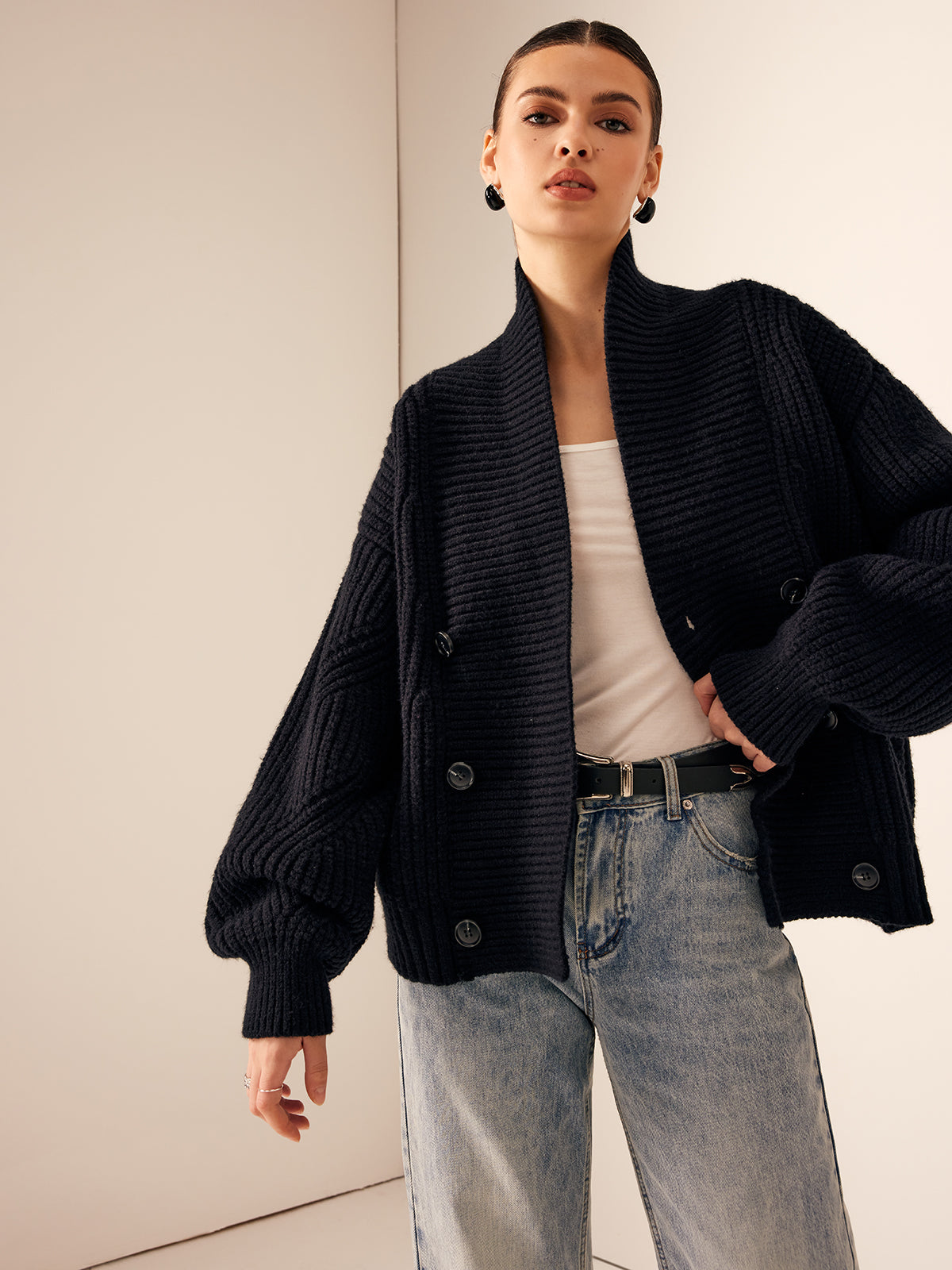 Ribbed Lapel Button Knit Outerwear-Massicos