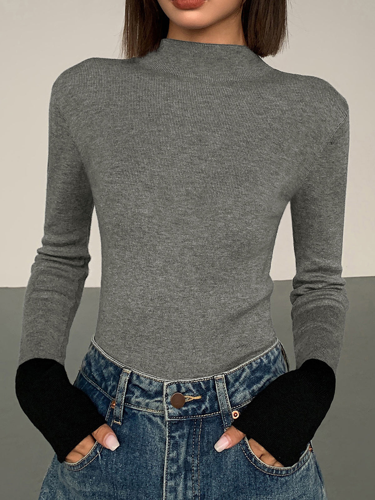 Long Sleeve Contrast Cuff Knit Top-Massicos