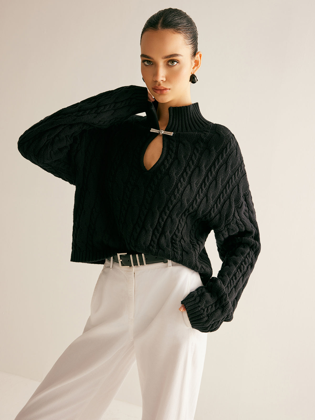 Cotton Keyhole Neckline Knit Top-Massicos