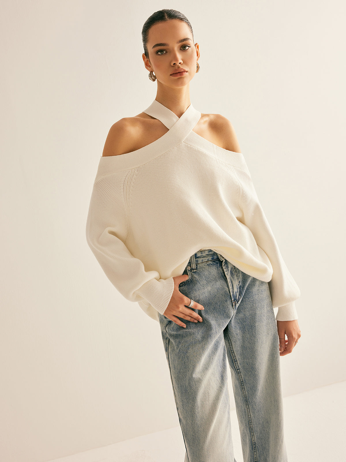 Cross-Over Collar Cold-Shoulder Sweater-Massicos