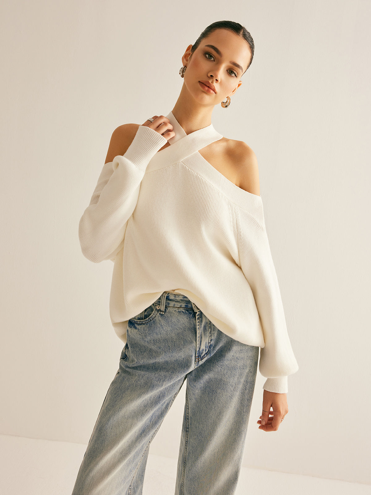 Cross-Over Collar Cold-Shoulder Sweater-Massicos