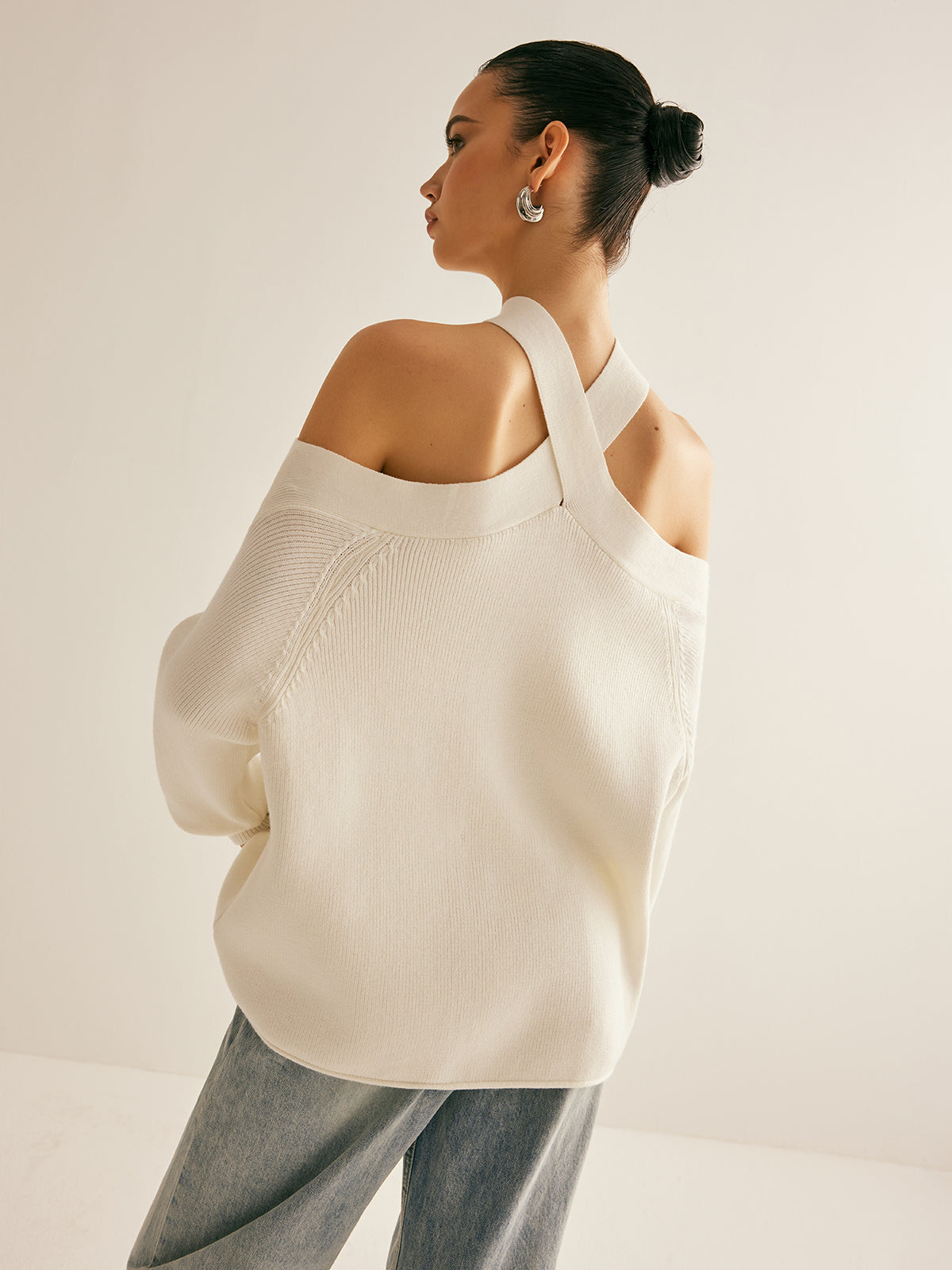 Cross-Over Collar Cold-Shoulder Sweater-Massicos