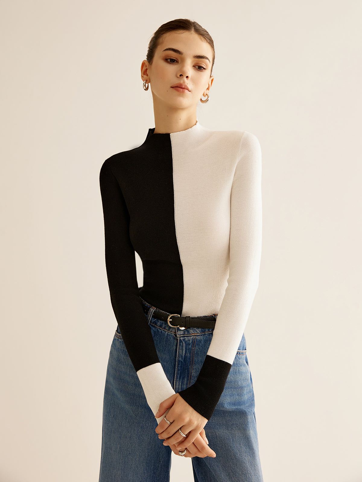 Wool-Blend Two Tone Skinny Knit Top-Massicos
