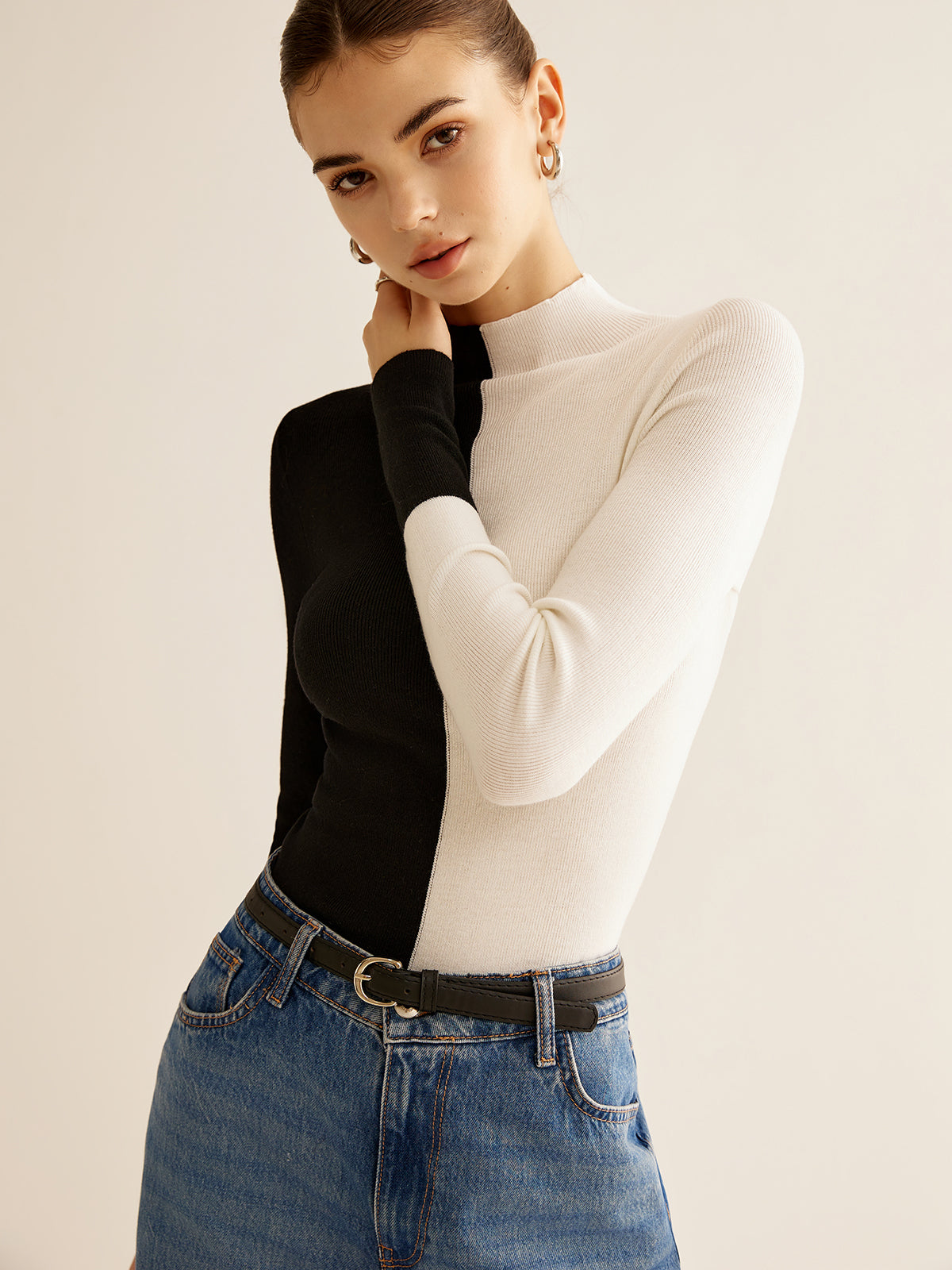 Wool-Blend Two Tone Skinny Knit Top-Massicos