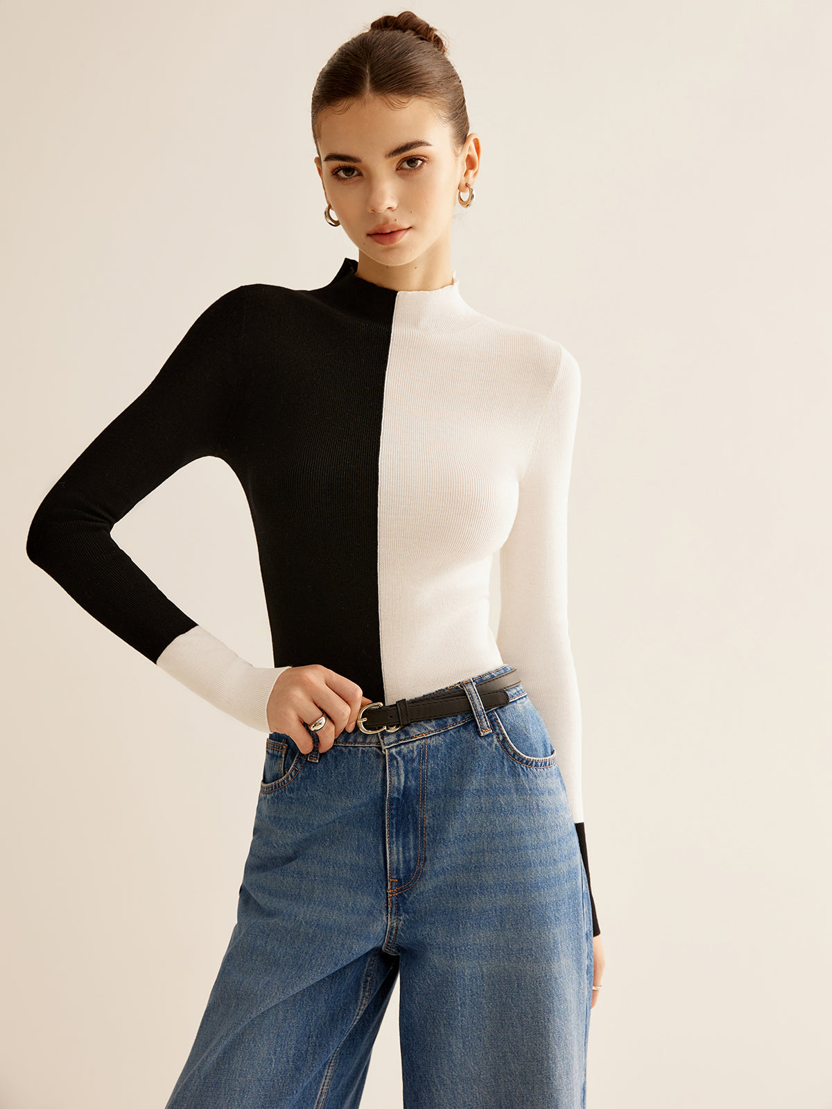 Wool-Blend Two Tone Skinny Knit Top-Massicos