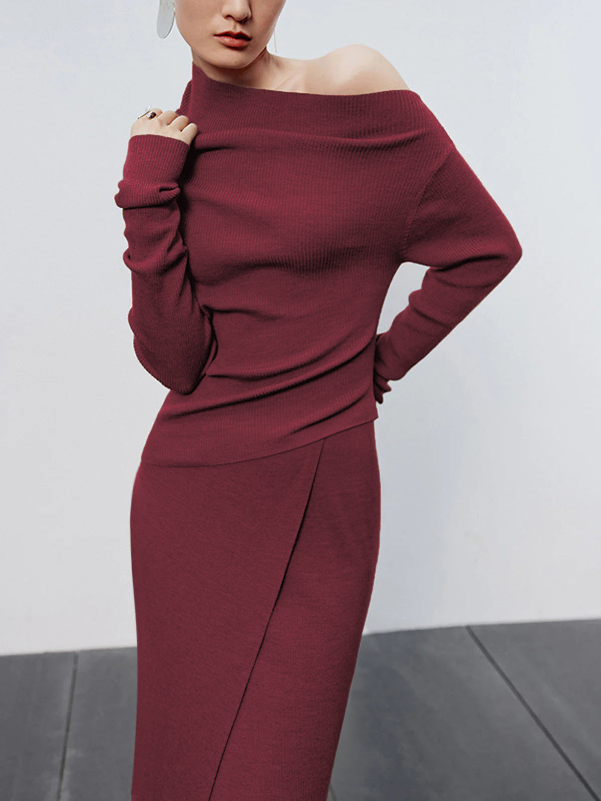 Caramel Asymmetric Neckline Long Sleeve Knit Top-Massicos