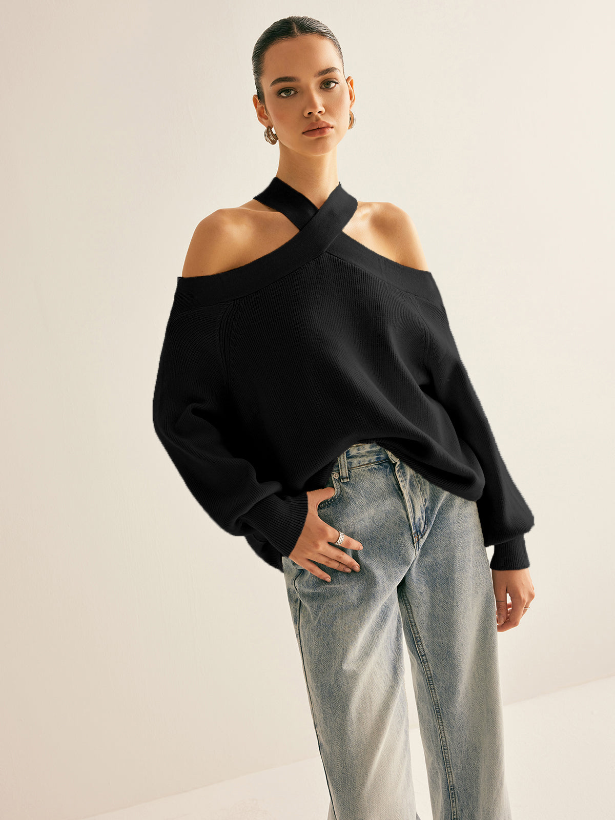 Cross-Over Collar Cold-Shoulder Sweater-Massicos
