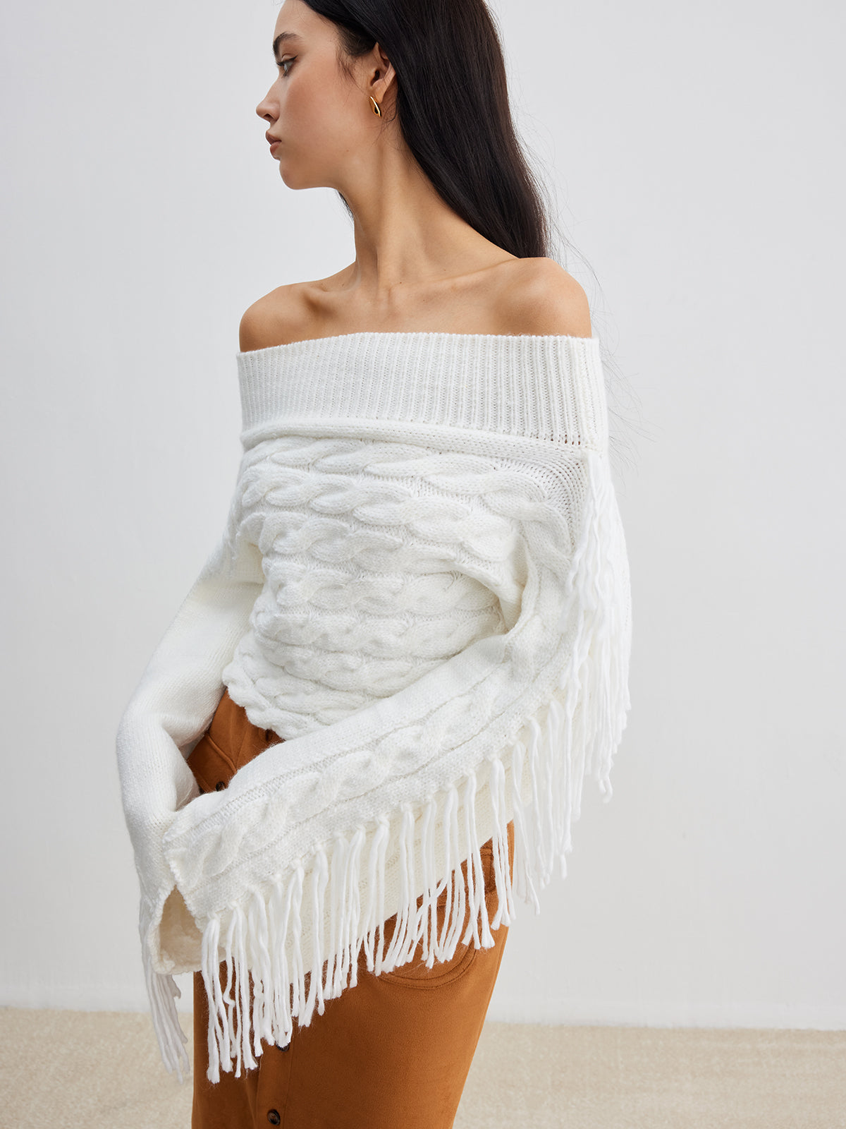 Beheme Off-Shoulder Tassel Sweater-Massicos