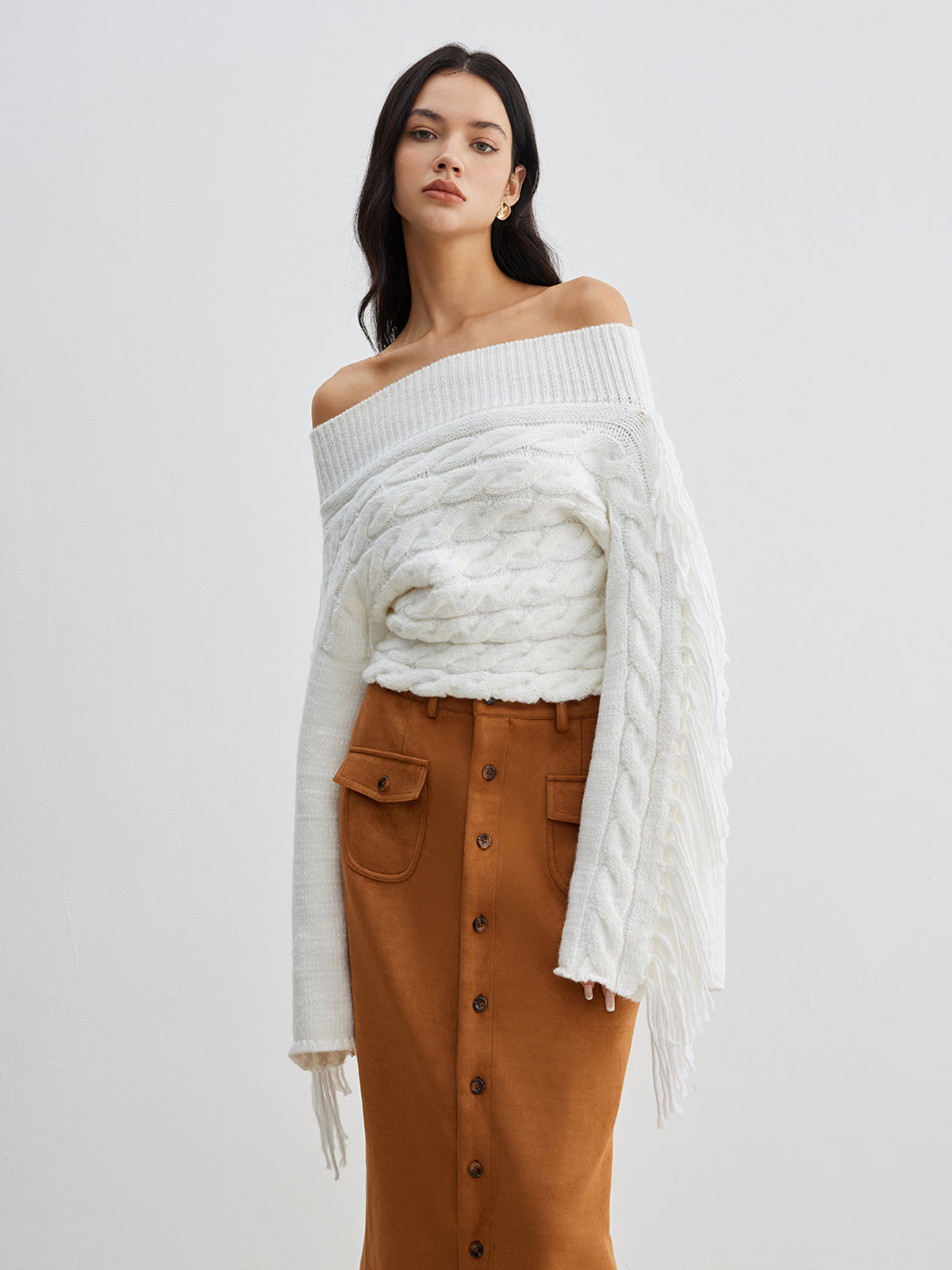Beheme Off-Shoulder Tassel Sweater-Massicos