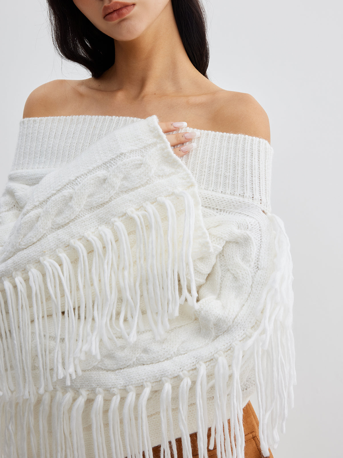 Beheme Off-Shoulder Tassel Sweater-Massicos
