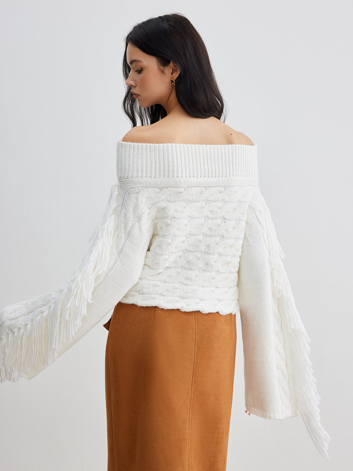 Beheme Off-Shoulder Tassel Sweater-Massicos