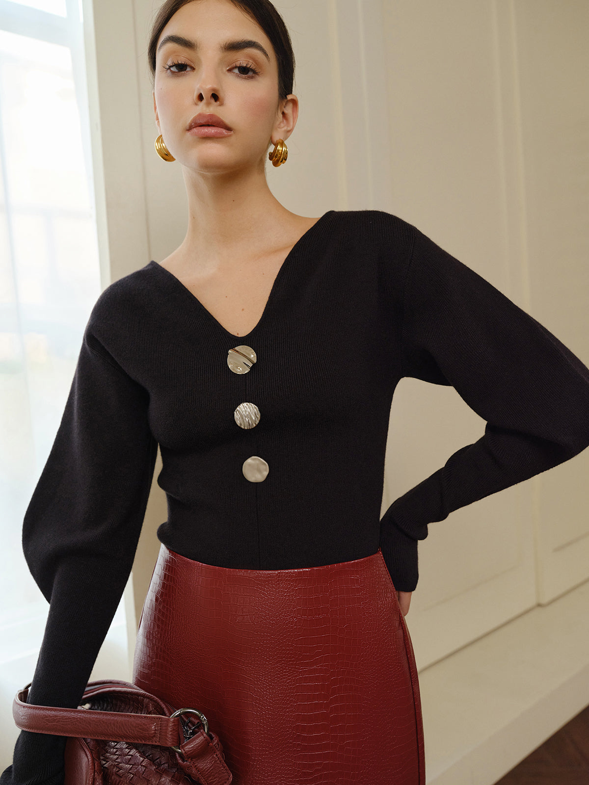 V-Neck Leg-Of Mutton Sleeve Sweater-Massicos