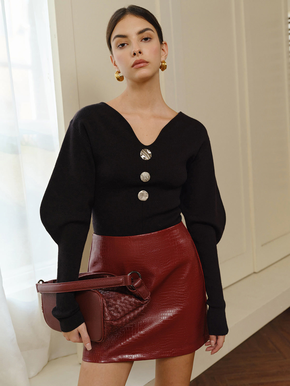 V-Neck Leg-Of Mutton Sleeve Sweater-Massicos