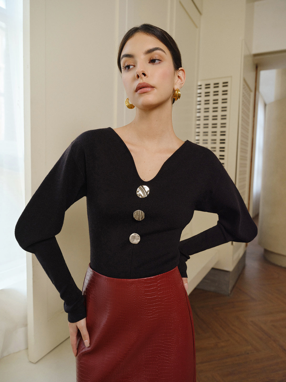 V-Neck Leg-Of Mutton Sleeve Sweater-Massicos