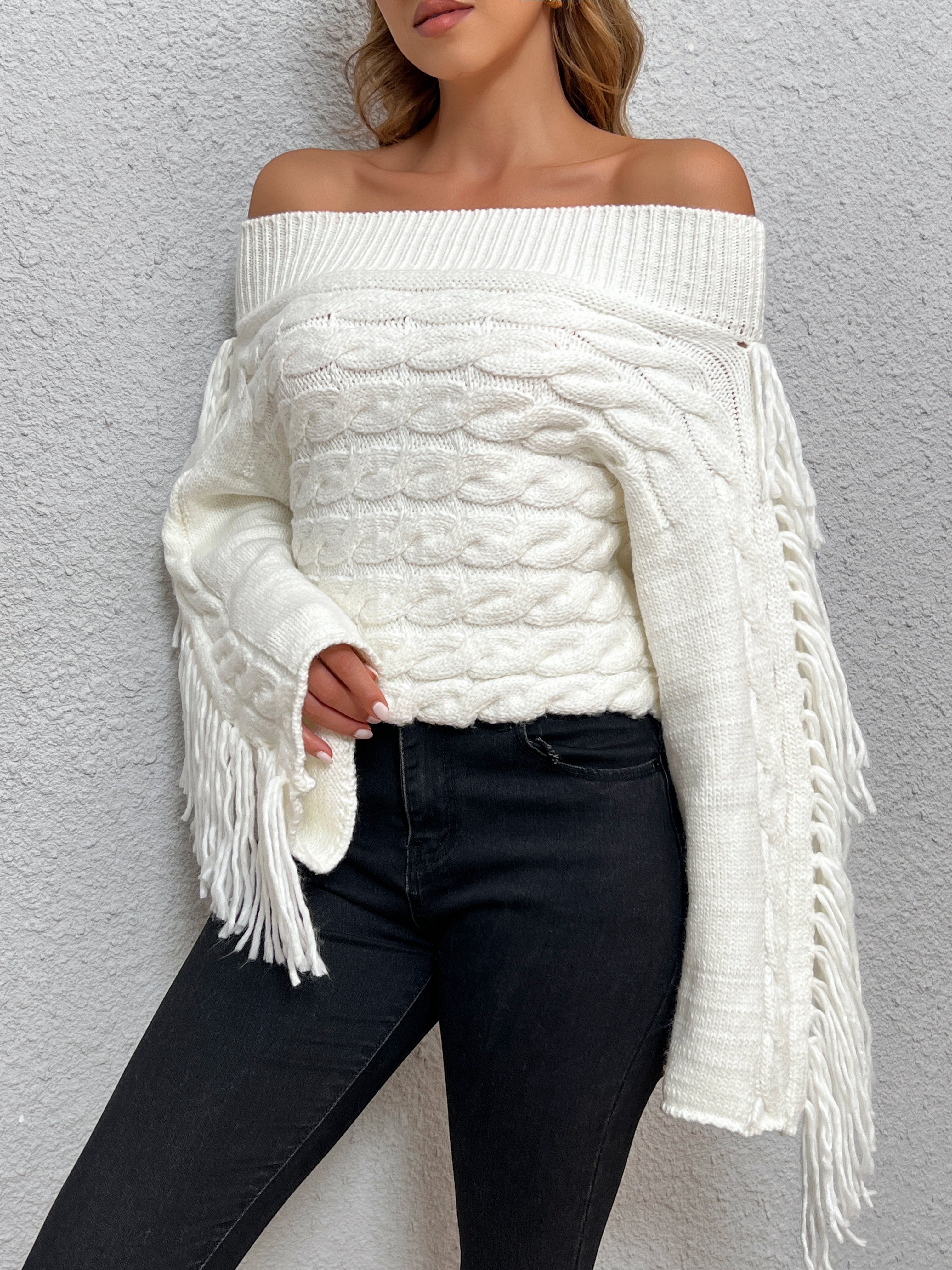 Beheme Off-Shoulder Tassel Sweater-Massicos