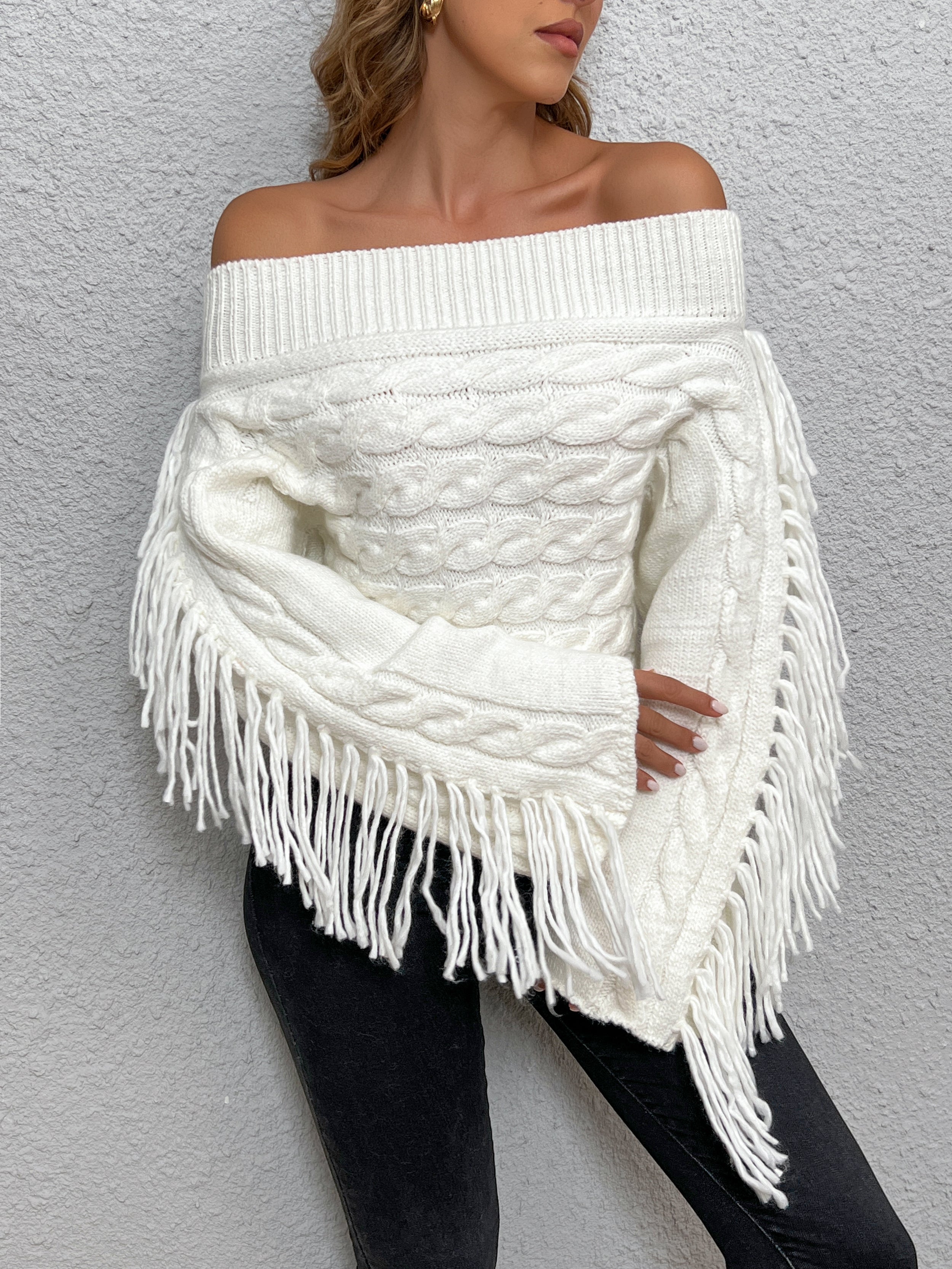 Beheme Off-Shoulder Tassel Sweater-Massicos
