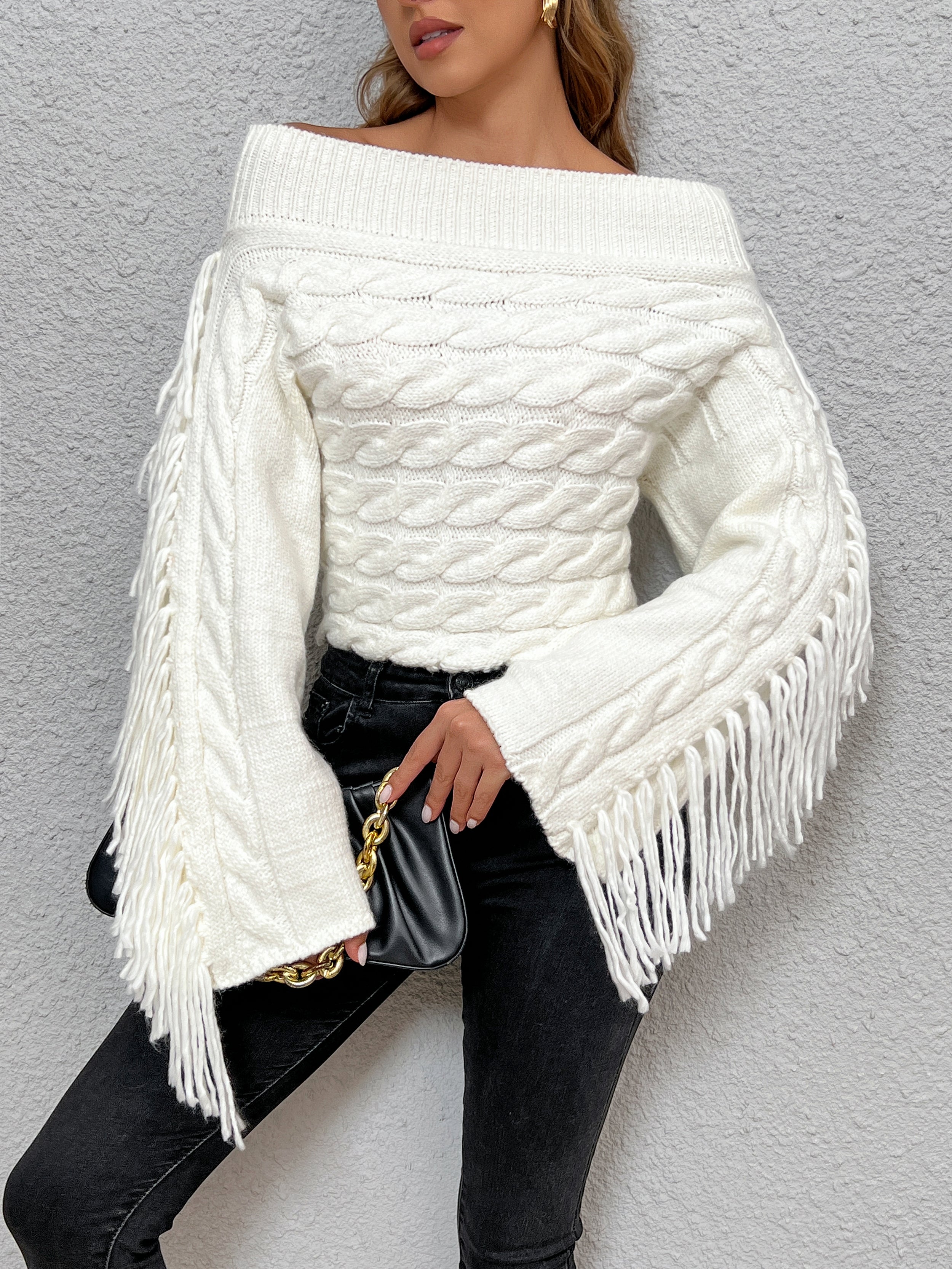 Beheme Off-Shoulder Tassel Sweater-Massicos