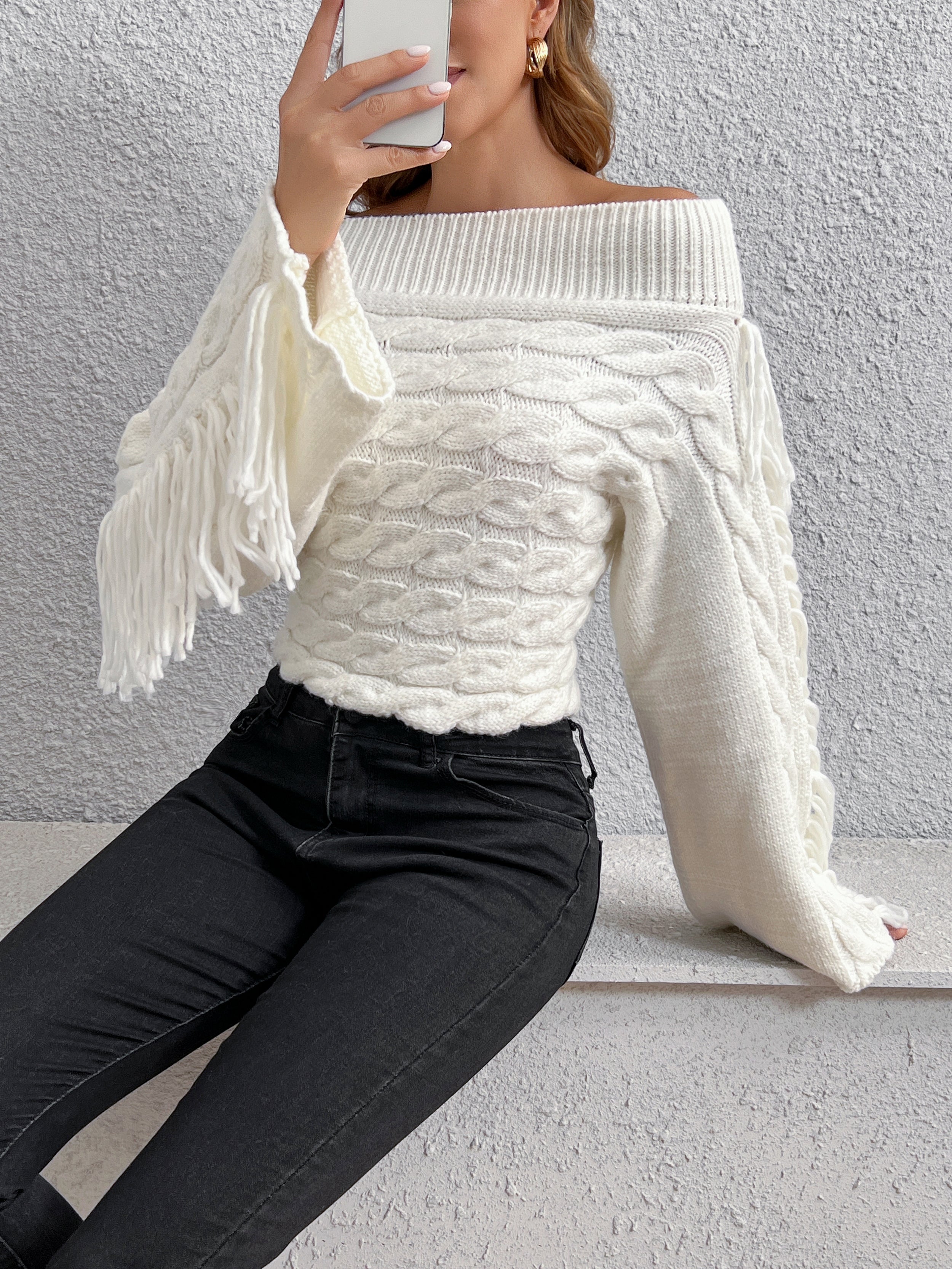 Beheme Off-Shoulder Tassel Sweater-Massicos