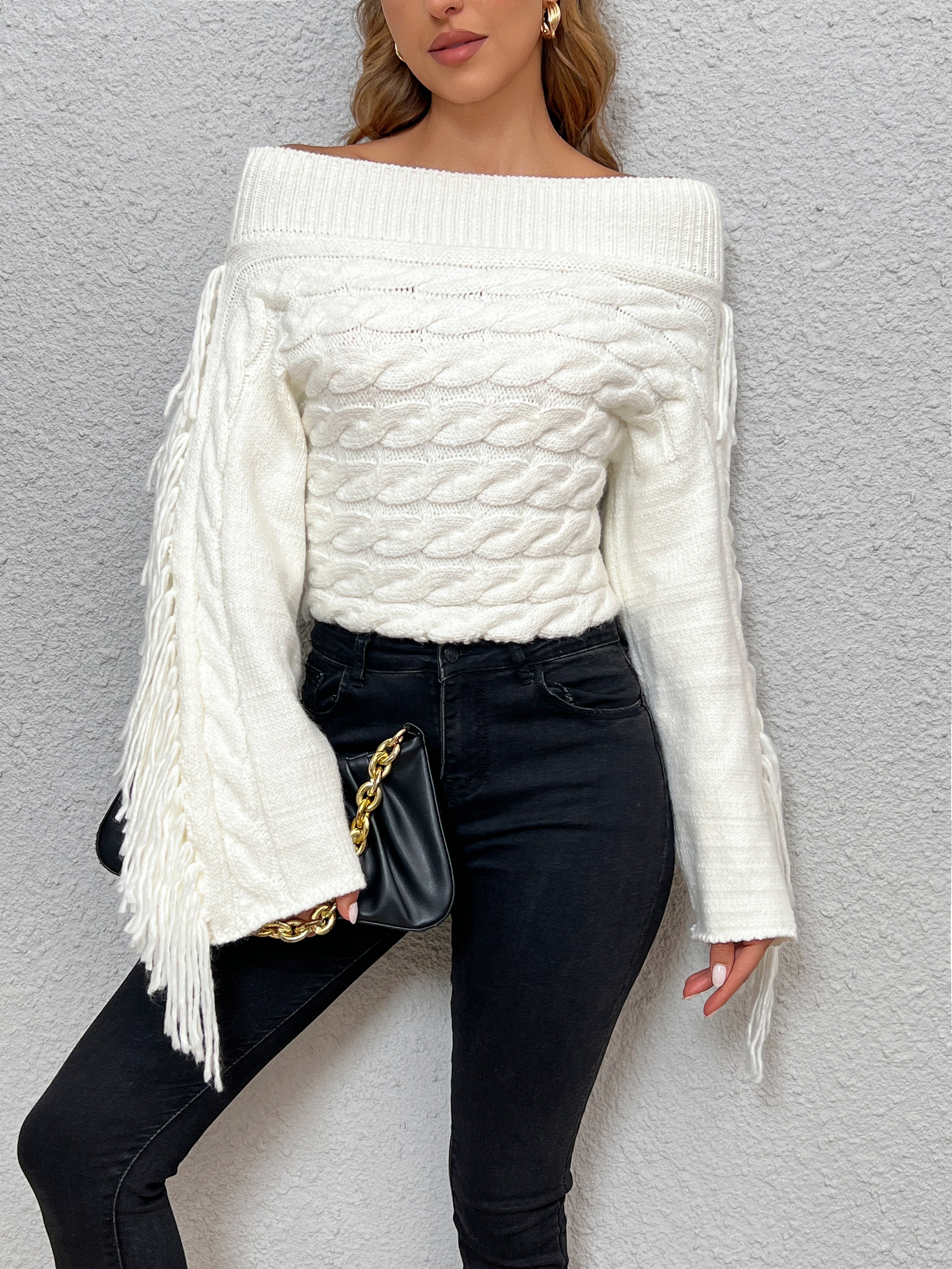 Beheme Off-Shoulder Tassel Sweater-Massicos