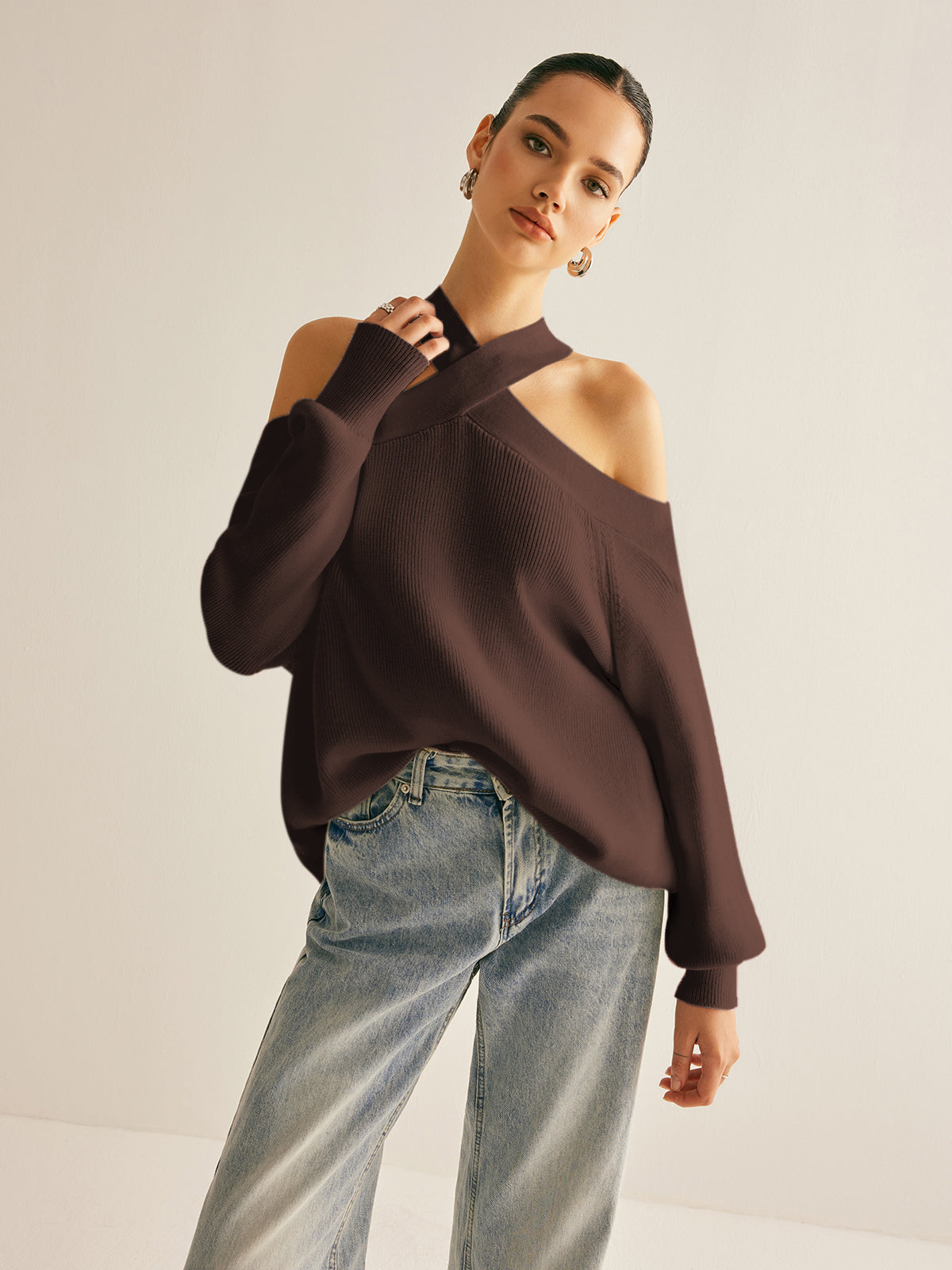 Cross-Over Collar Cold-Shoulder Sweater-Massicos