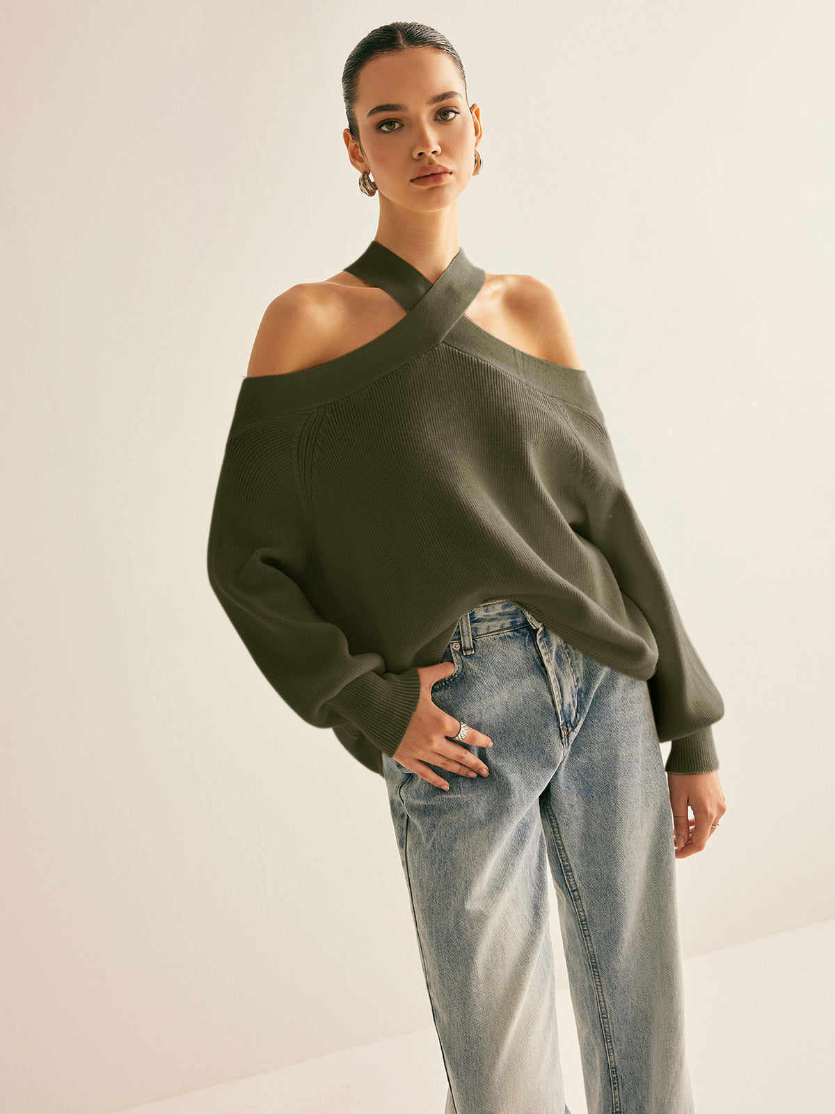 Cross-Over Collar Cold-Shoulder Sweater-Massicos
