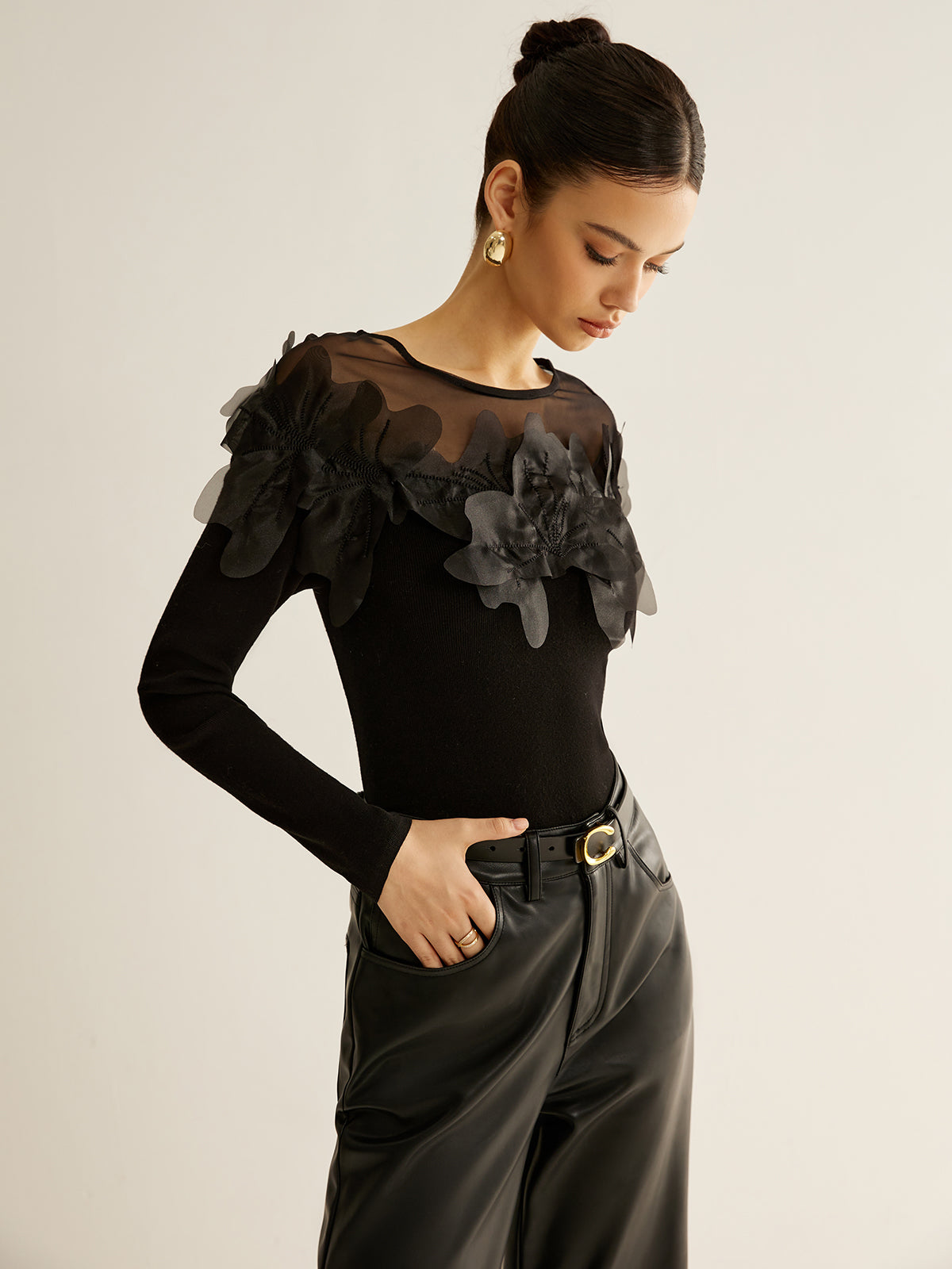 Semi-Sheer Floral Decor Slim Blouse-Massicos