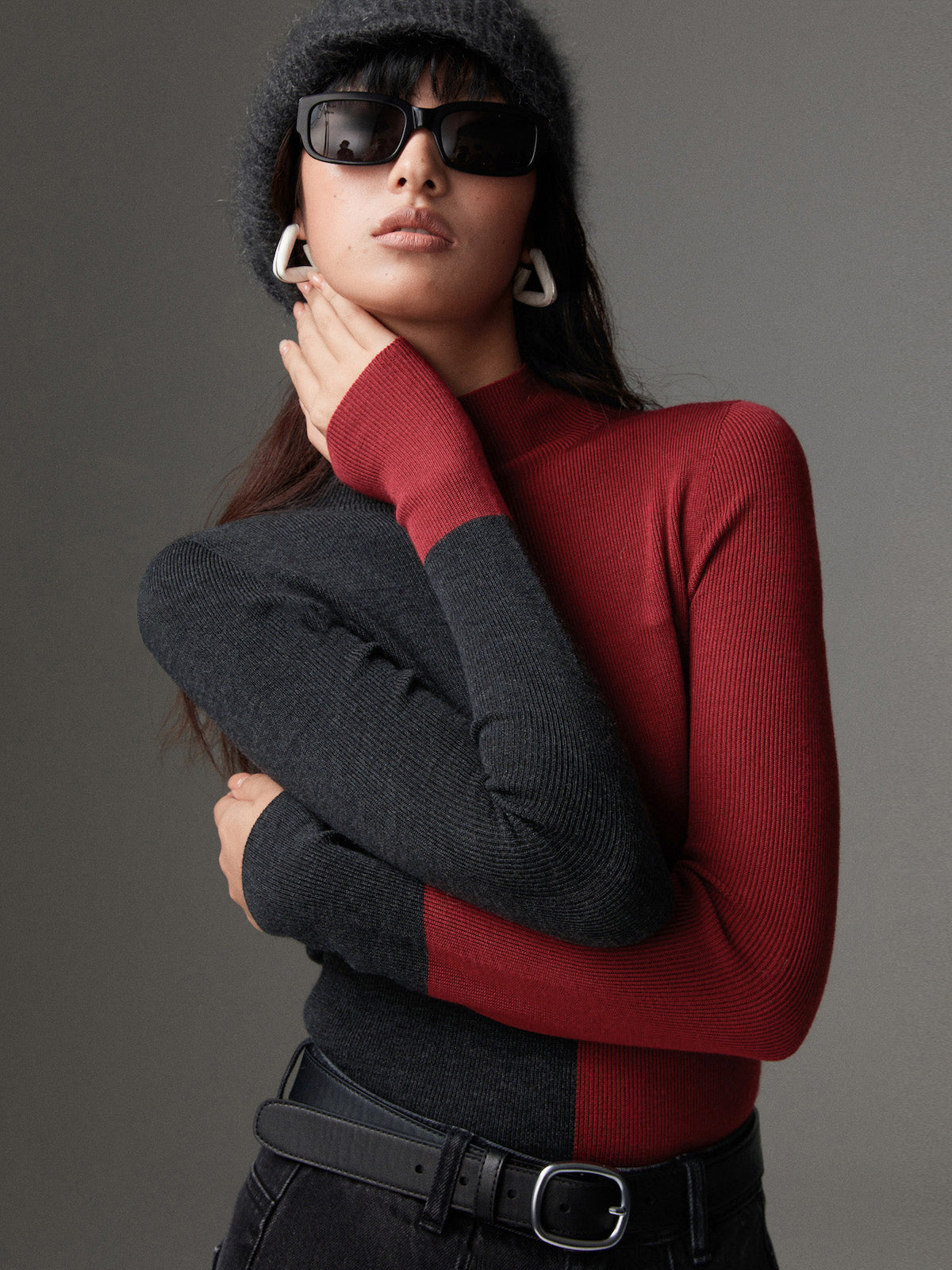 Wool-Blend Two Tone Skinny Knit Top-Massicos