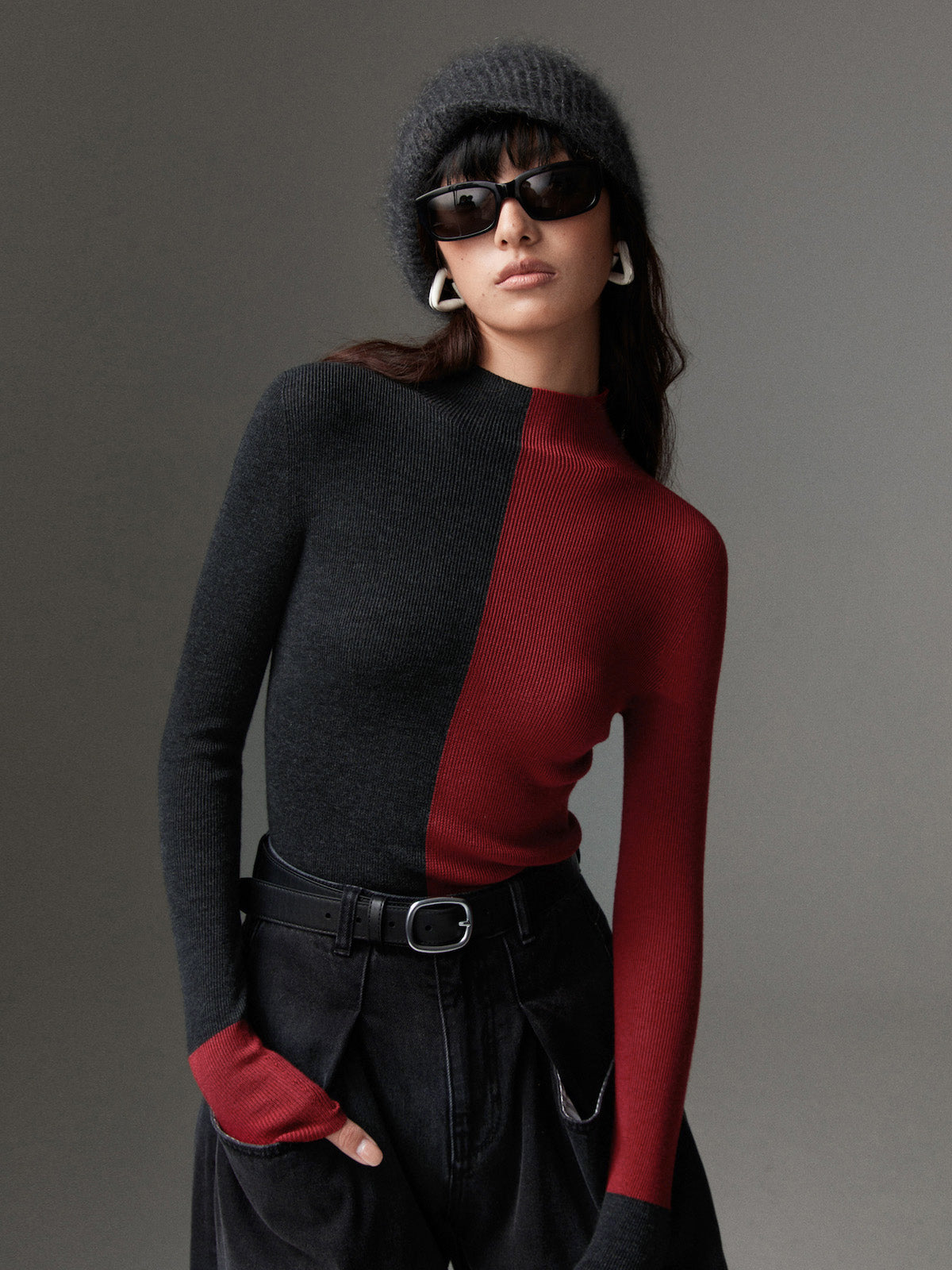Wool-Blend Two Tone Skinny Knit Top-Massicos