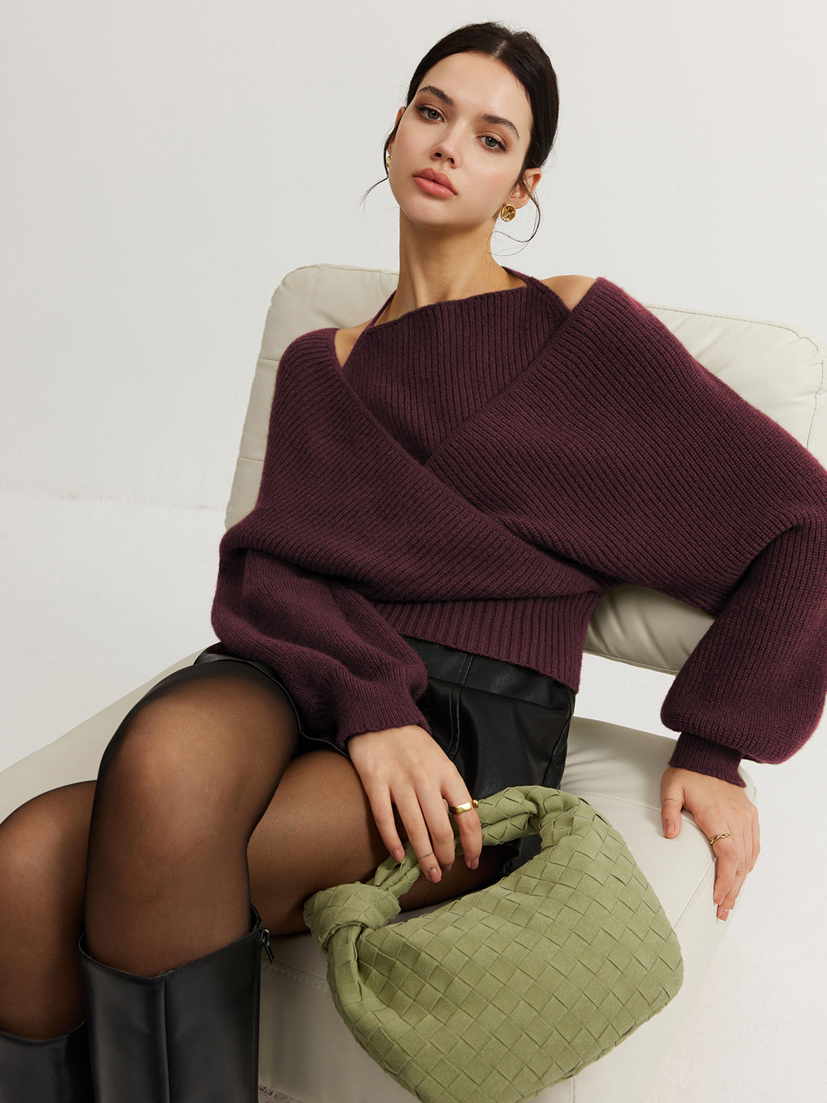 2 in 1 Bat Sleeve Halter Knit Top-Massicos