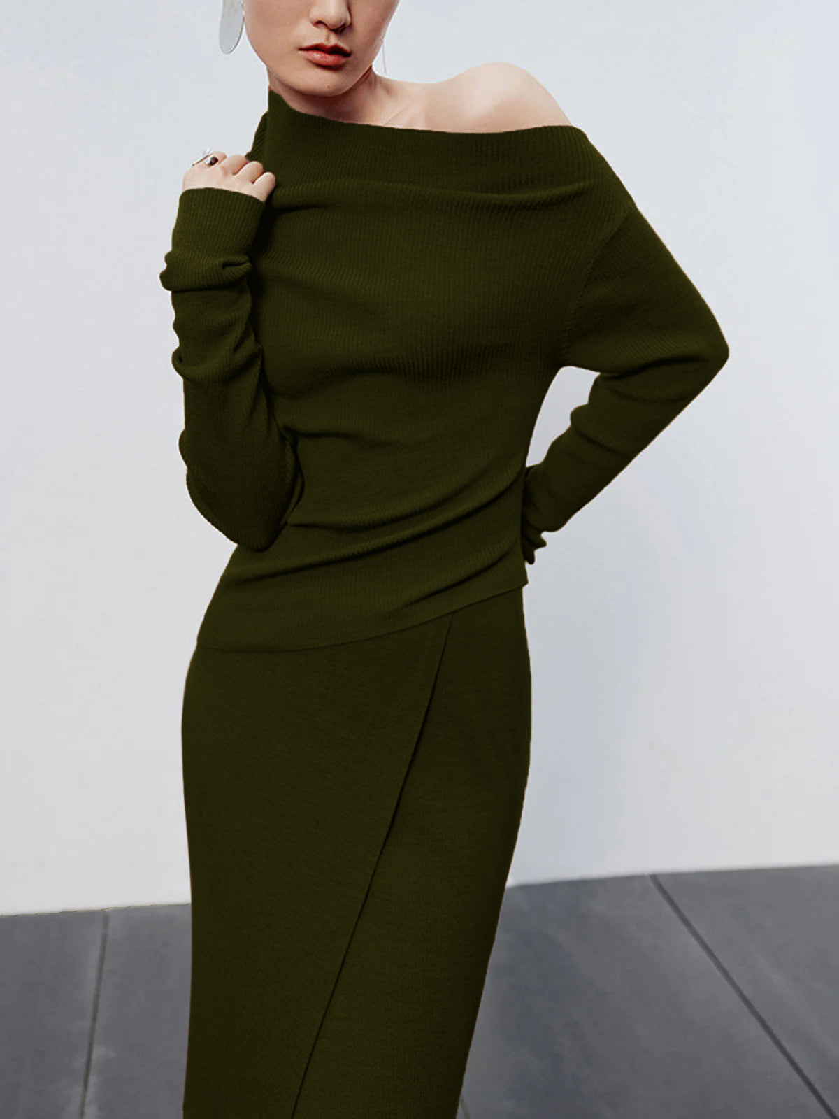 Caramel Asymmetric Neckline Long Sleeve Knit Top-Massicos