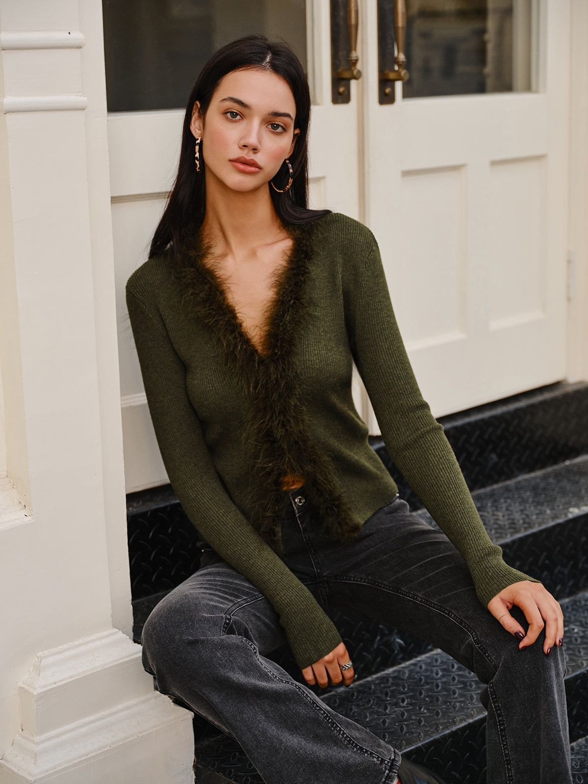 Feather Trim Wool-Blend Slim Sweater-Massicos