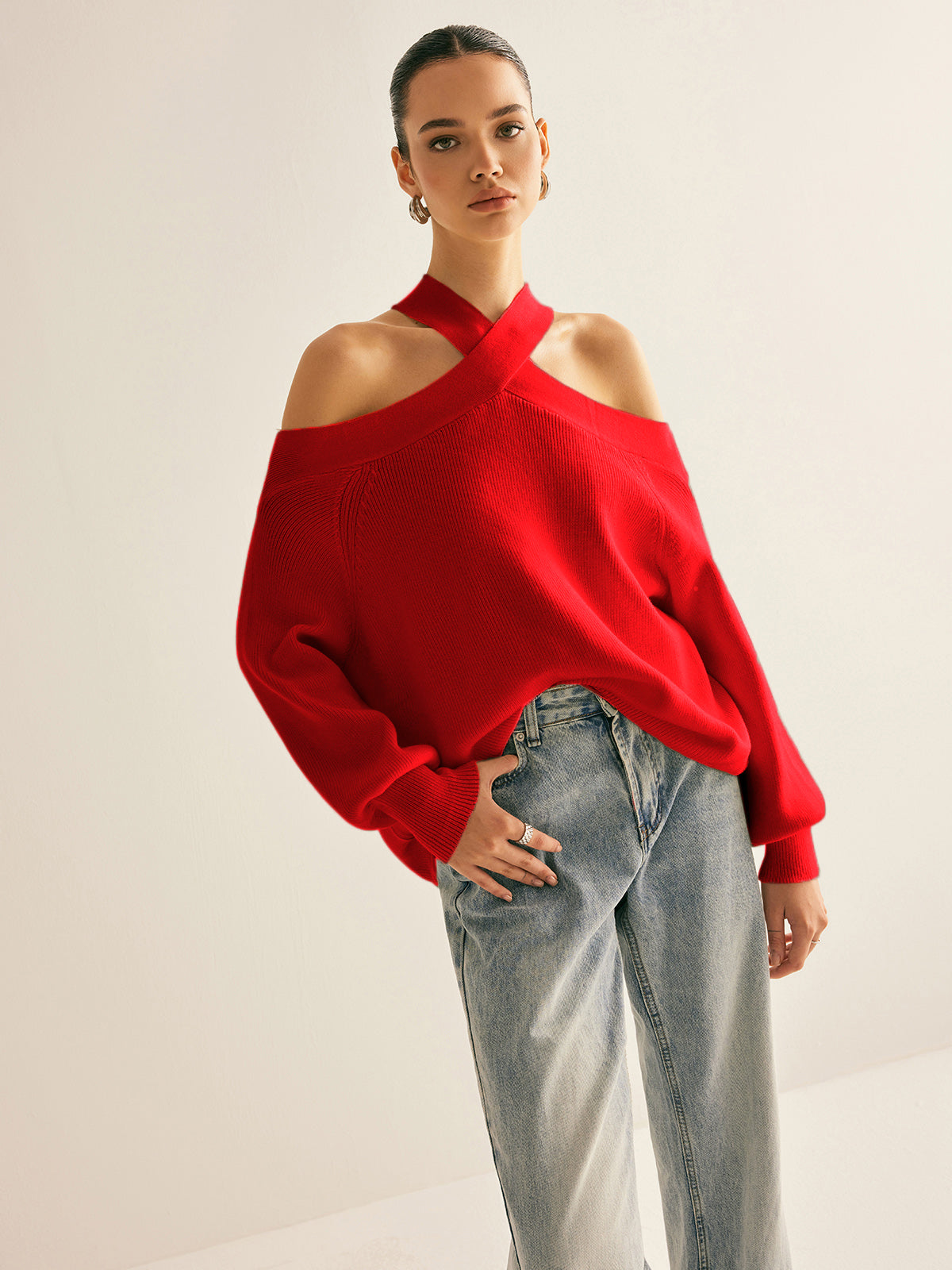 Cross-Over Collar Cold-Shoulder Sweater-Massicos