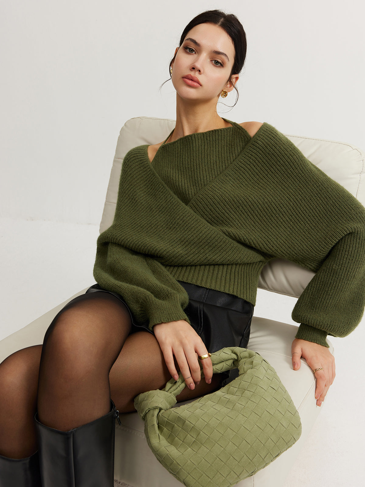 2 in 1 Bat Sleeve Halter Knit Top-Massicos